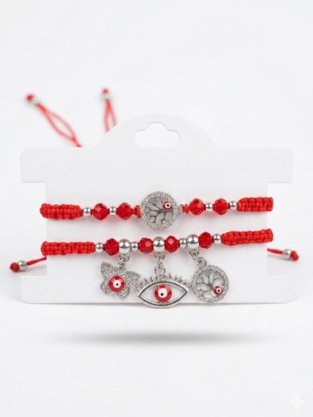 SZN Set Of 2 Red & Silver Evil Eye Design Bhaiya Bhabhi Rakhi With Roli Chawal Chandan-image-18