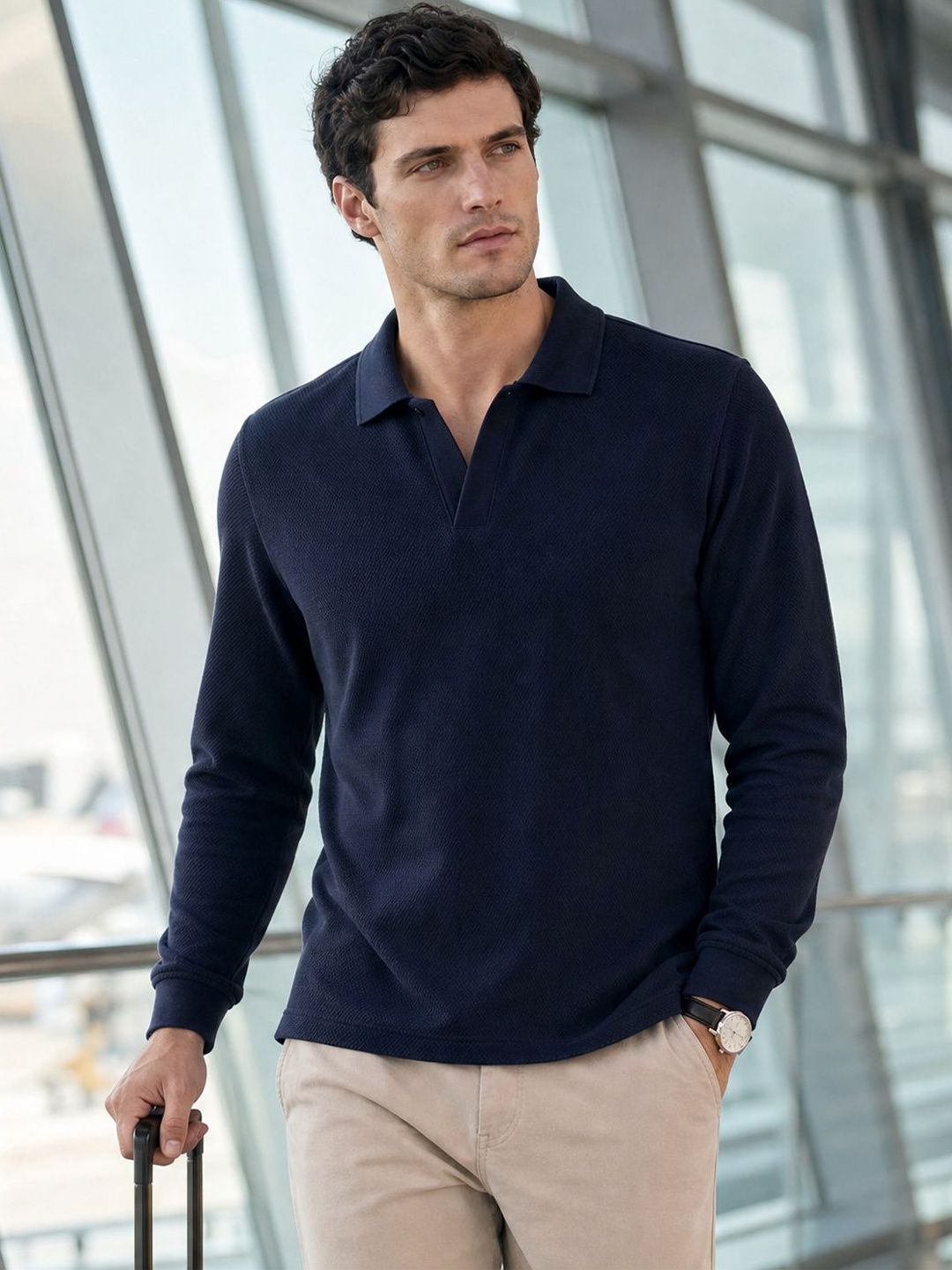 NOBERO Popcorn Textured Polo Collar Full Sleeves T-shirt-image-2