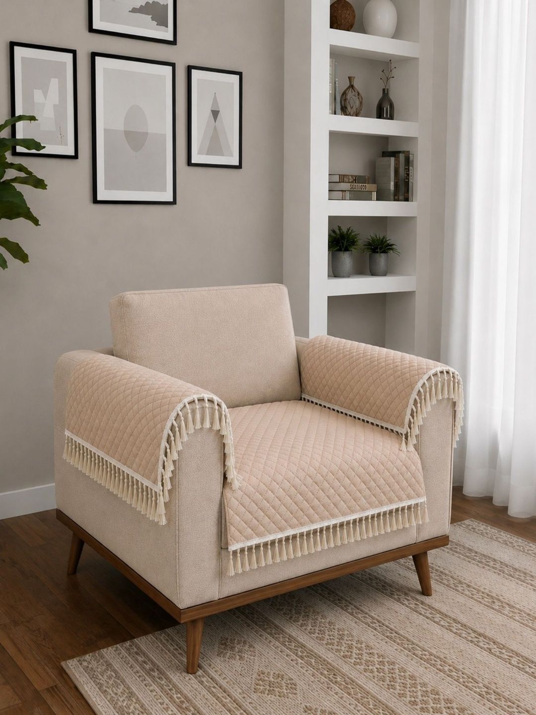 Homefab India Beige 3 Piece Sofa Cover With Arms-picture-24