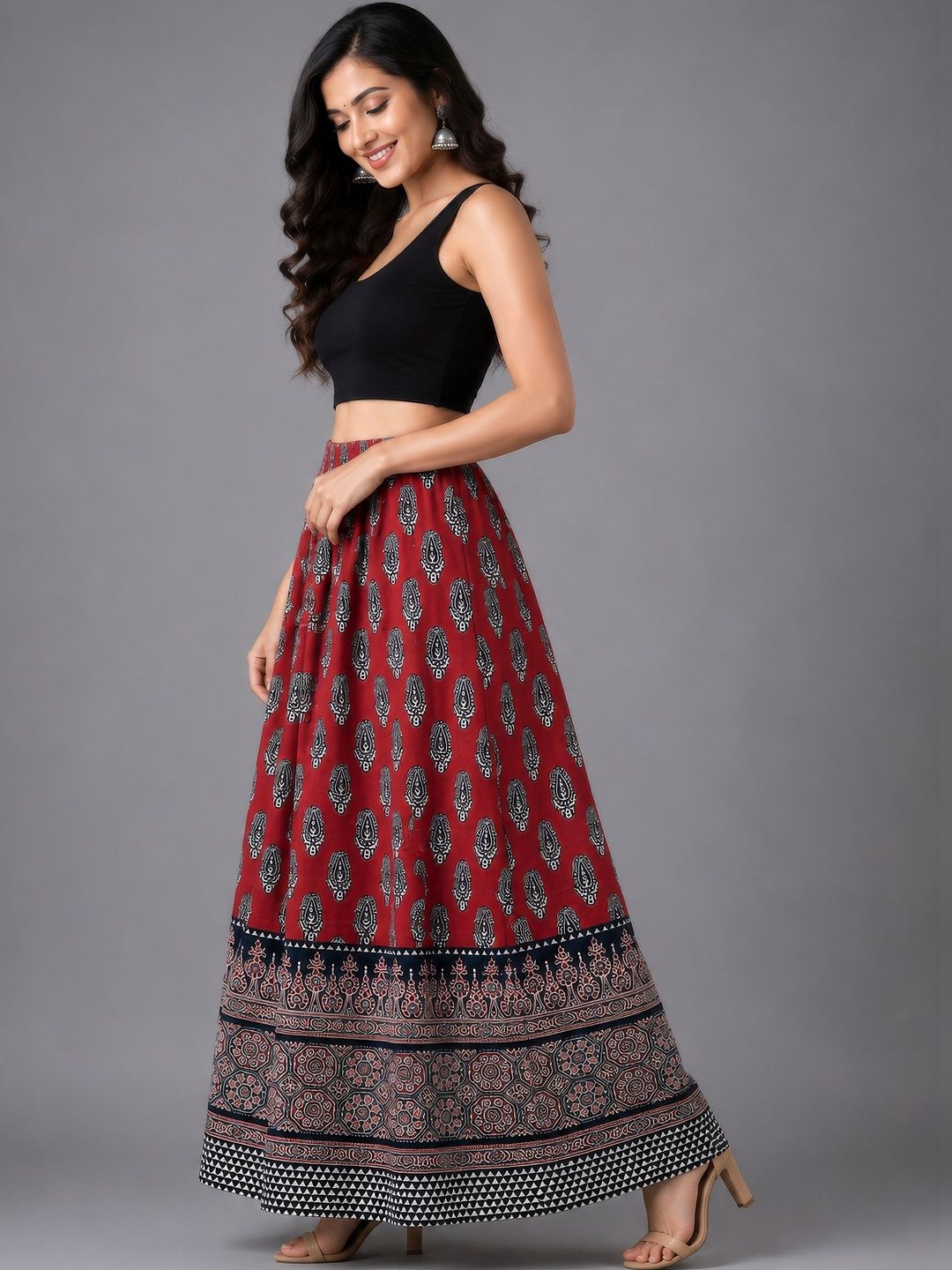 HARAYE Women Pure Cotton Cotton Cambric Paisley Maxi Flared Skirt-picture-12