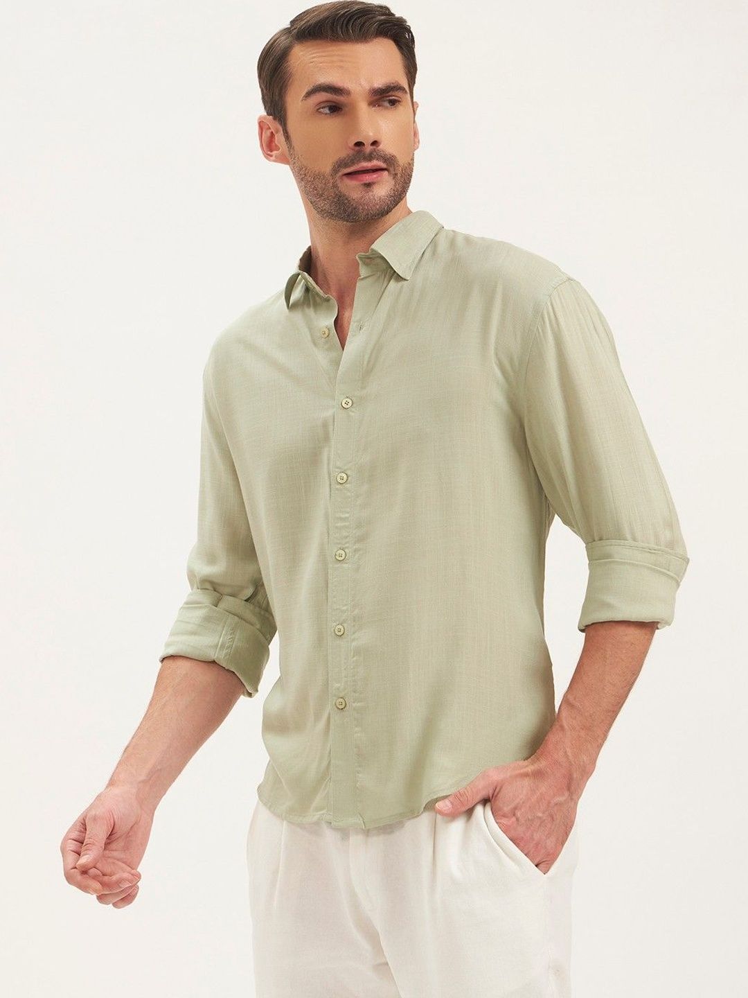 MOE&JEK Pistachio Green Casual Cotton Linen Relaxed Fit Shirt-image-2