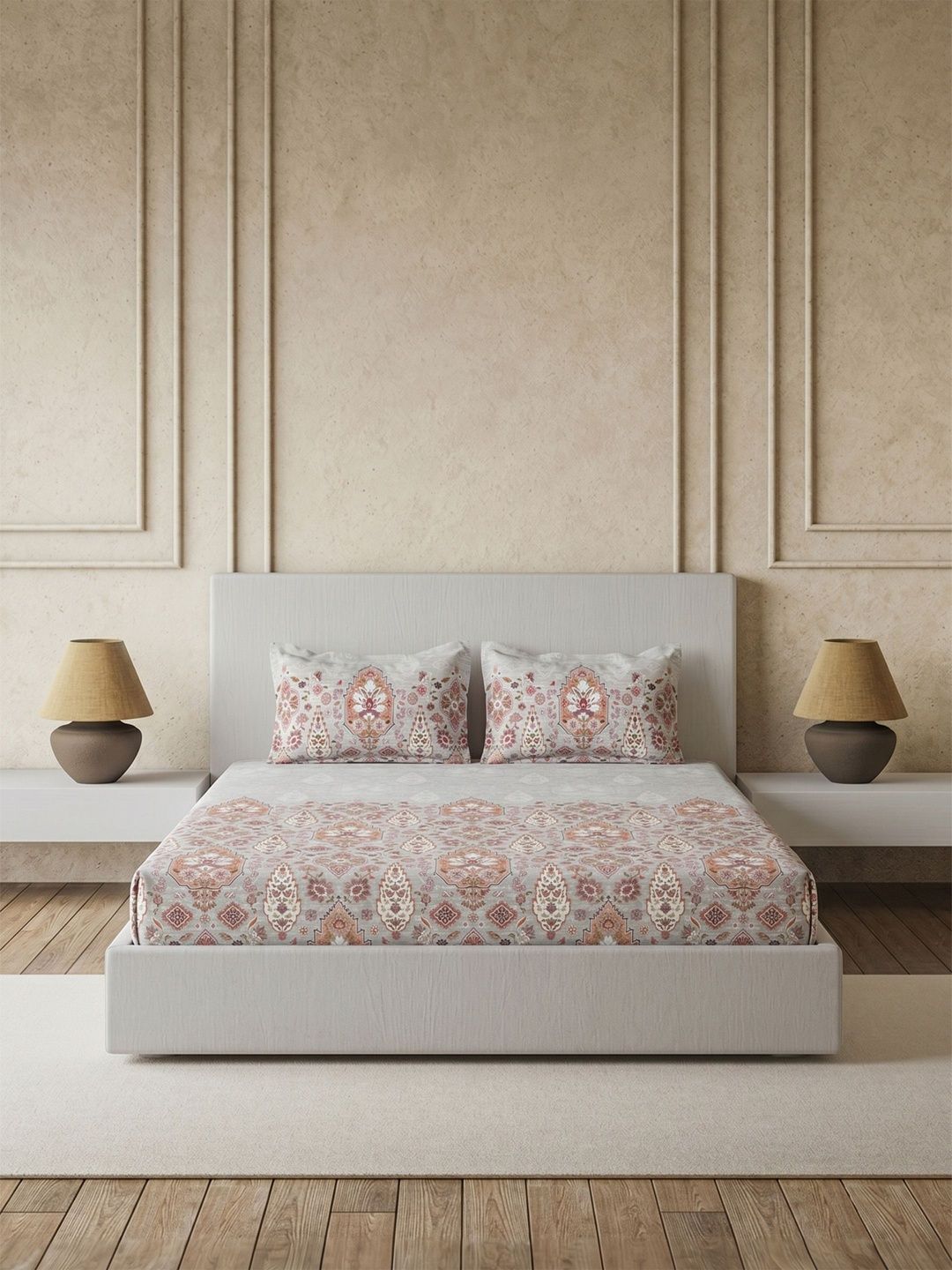 DDecor Grey Ethnic Motifs 144 TC King Bedsheet with 2 Pillow Covers-image-14