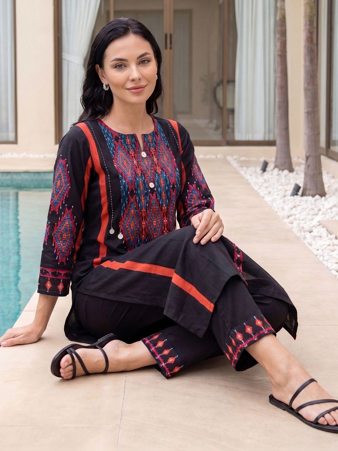 Indo Era Women Ethnic Motifs Printed Regular Pure Cotton Kurta with Trousers-picture-18