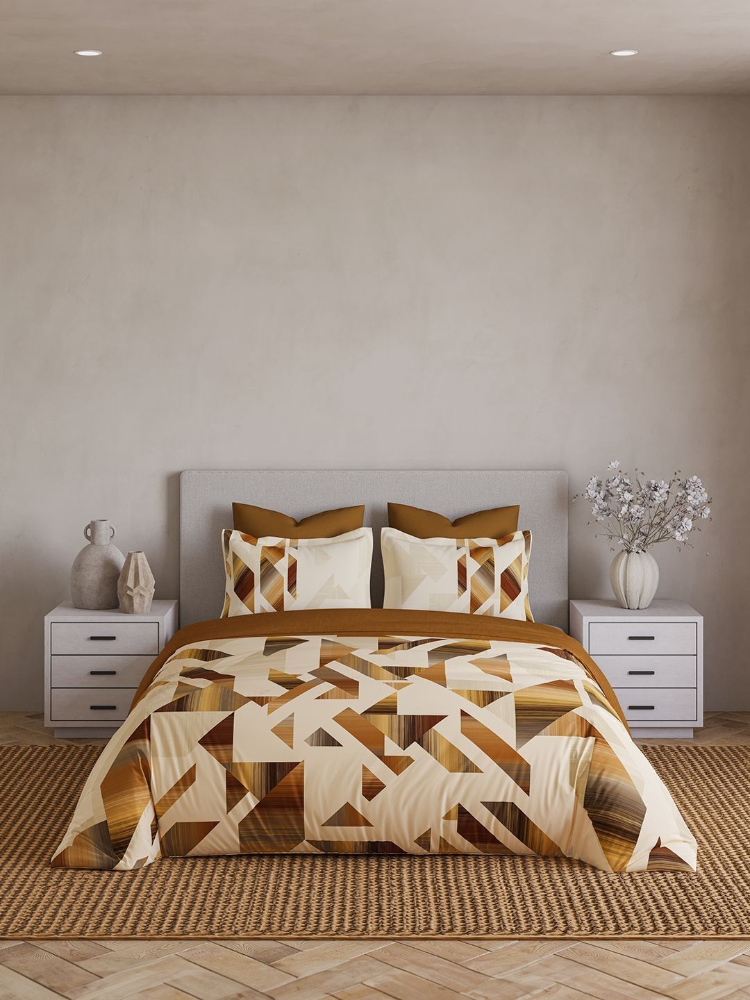 DDecor Brown & Cream-Coloured Geometric Cotton 4 Piece Double King Regular Bedding Set-image-28