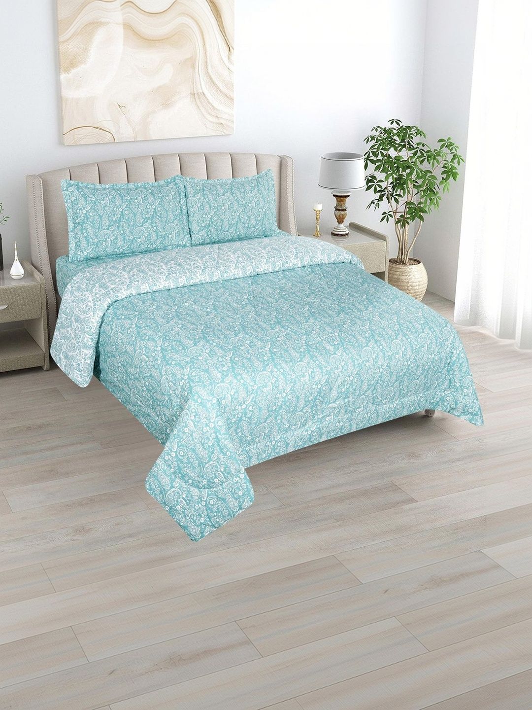 DREAM LIVING Green & White Ethnic Motifs Other 4 Piece Double Queen Fine Bedding Set-image-25