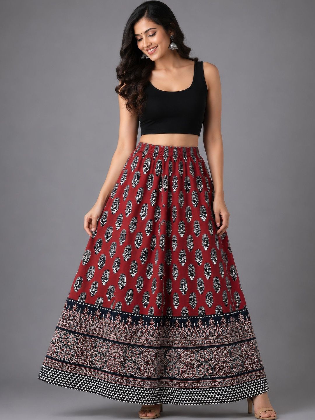 HARAYE Women Pure Cotton Cotton Cambric Paisley Bohemian Maxi Flared Skirt-image-33