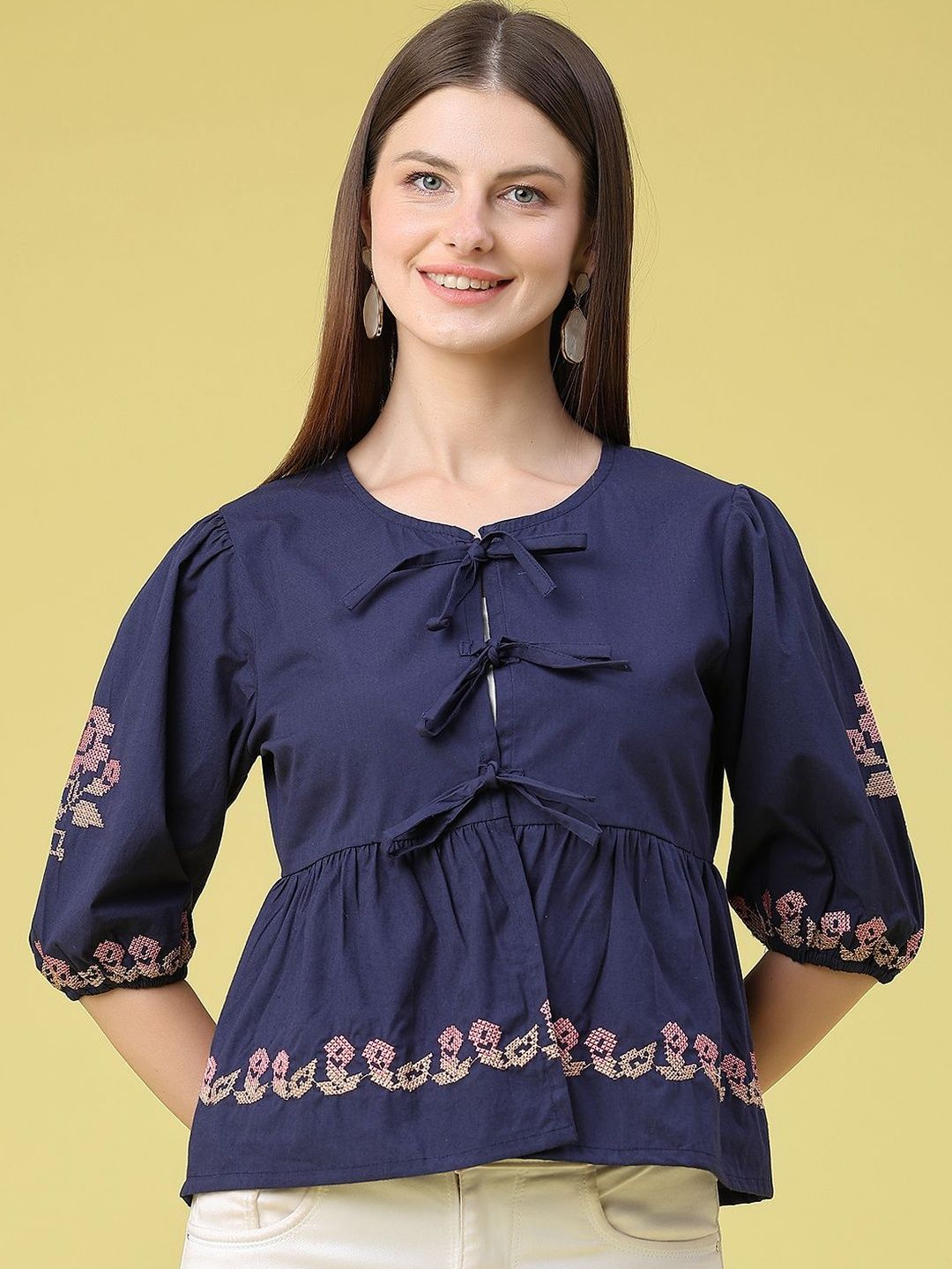 limeroad Embroidered Puff Sleeve Cotton Peplum Top-picture-36