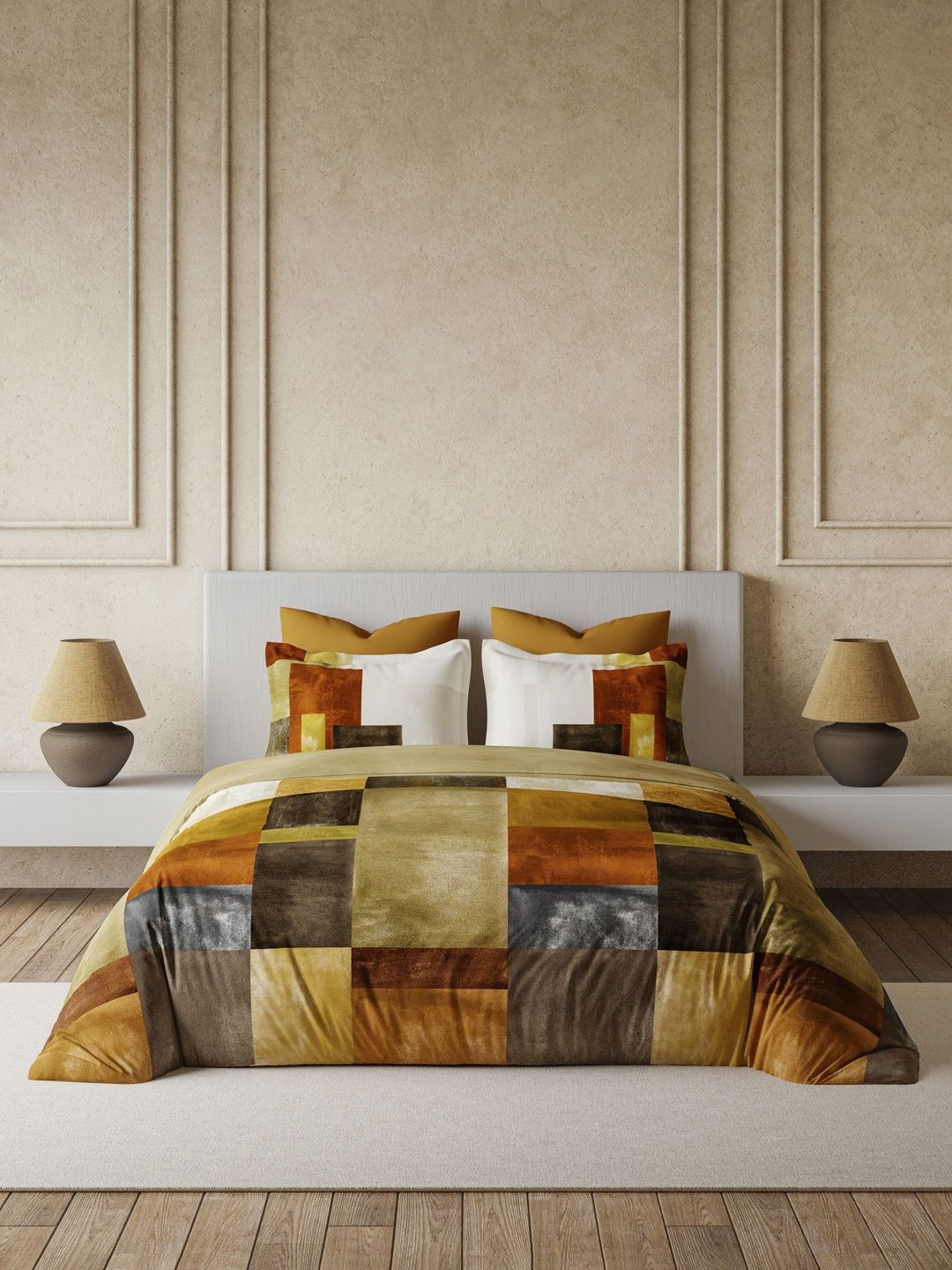 DDecor Gold-Toned & Gold-Toned Geometric Cotton 4 Piece Double King Regular Bedding Set-image-5