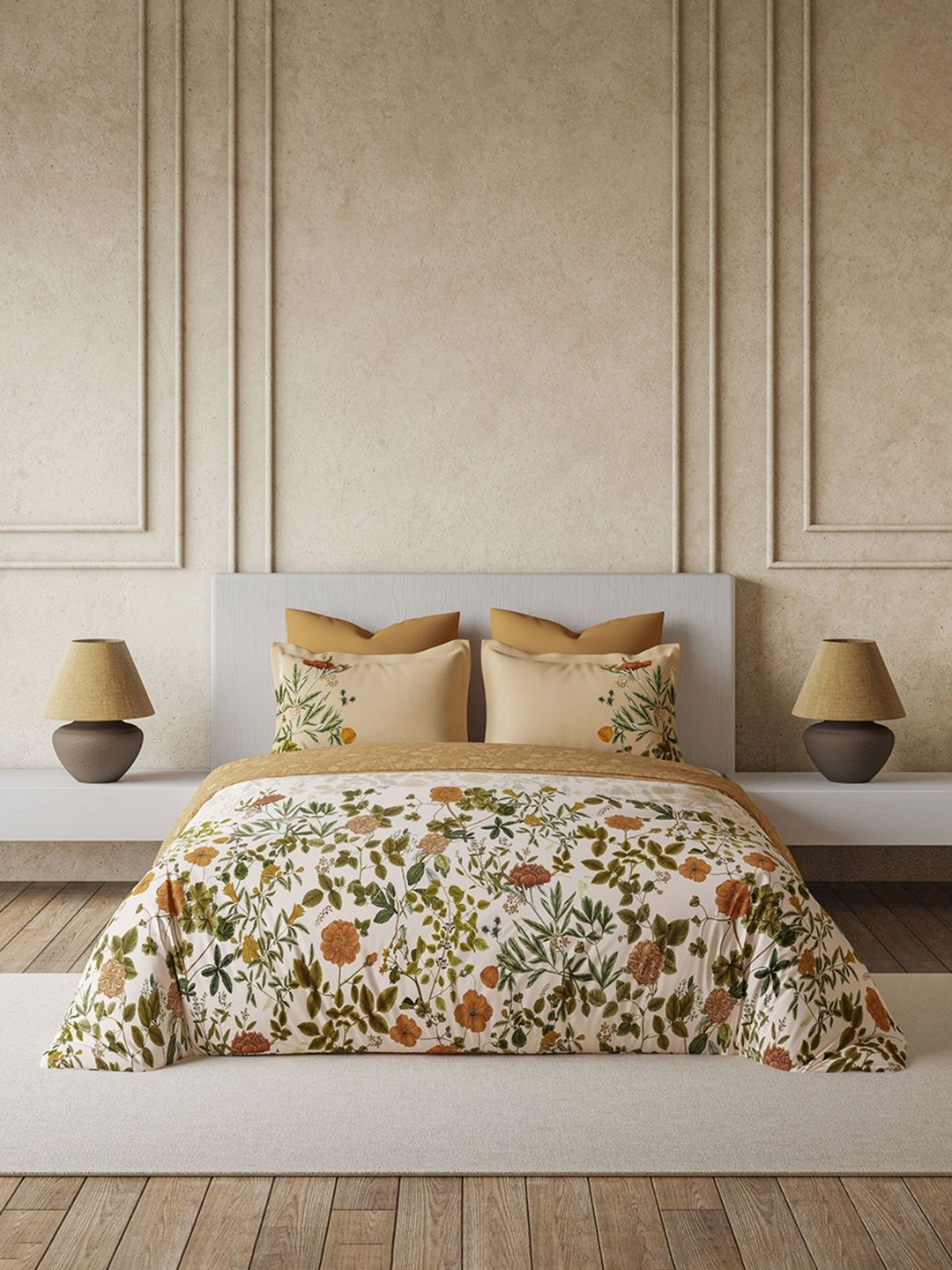 DDecor Brown & Gold-Toned Floral Cotton 4 Piece Double King Regular Bedding Set-image-12