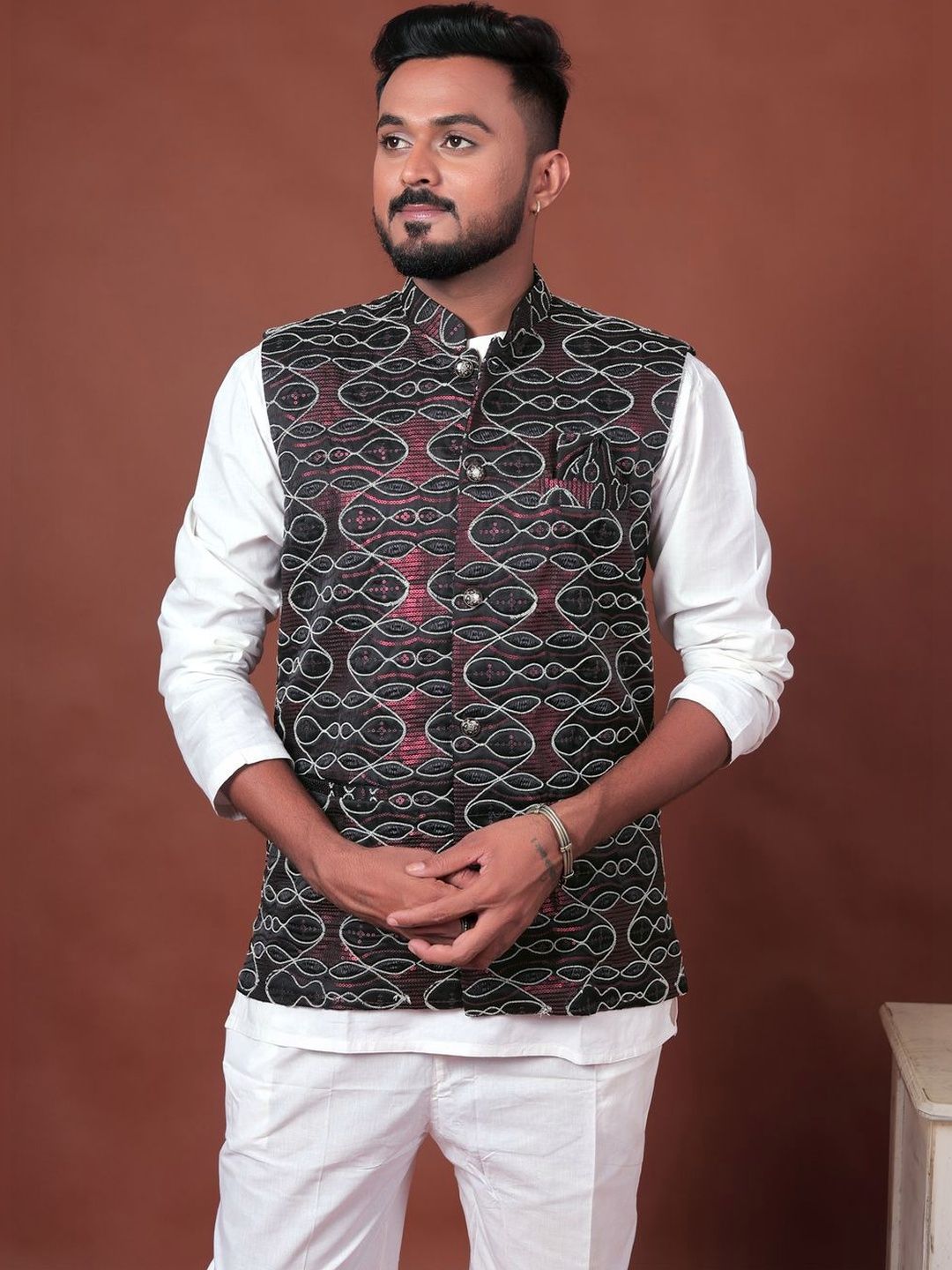 Varbandhan Woven Design Velvet Woven Nehru Jackets-picture-4