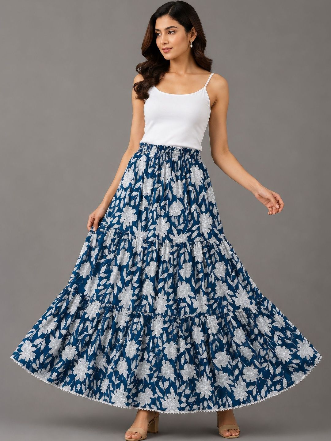 HARAYE Women Cotton Cambric Floral Maxi Flared Skirt-picture-56