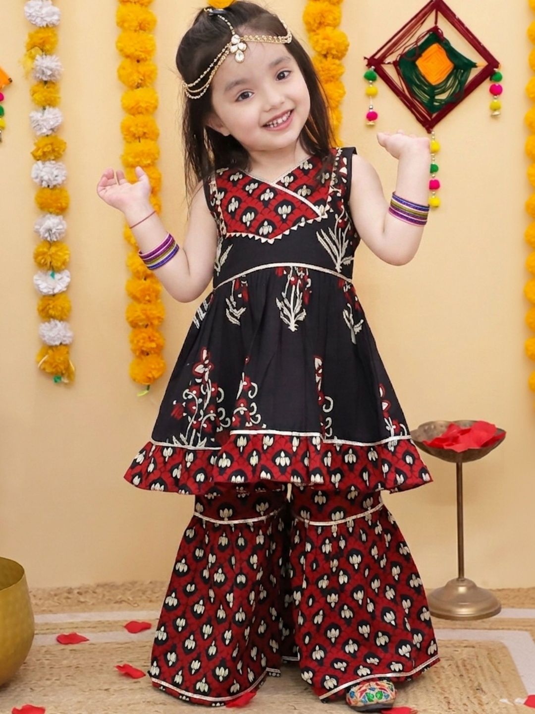 BAESD Girls Ethnic Motifs Printed Angrakha Pure Cotton Kurta with Sharara-image-39