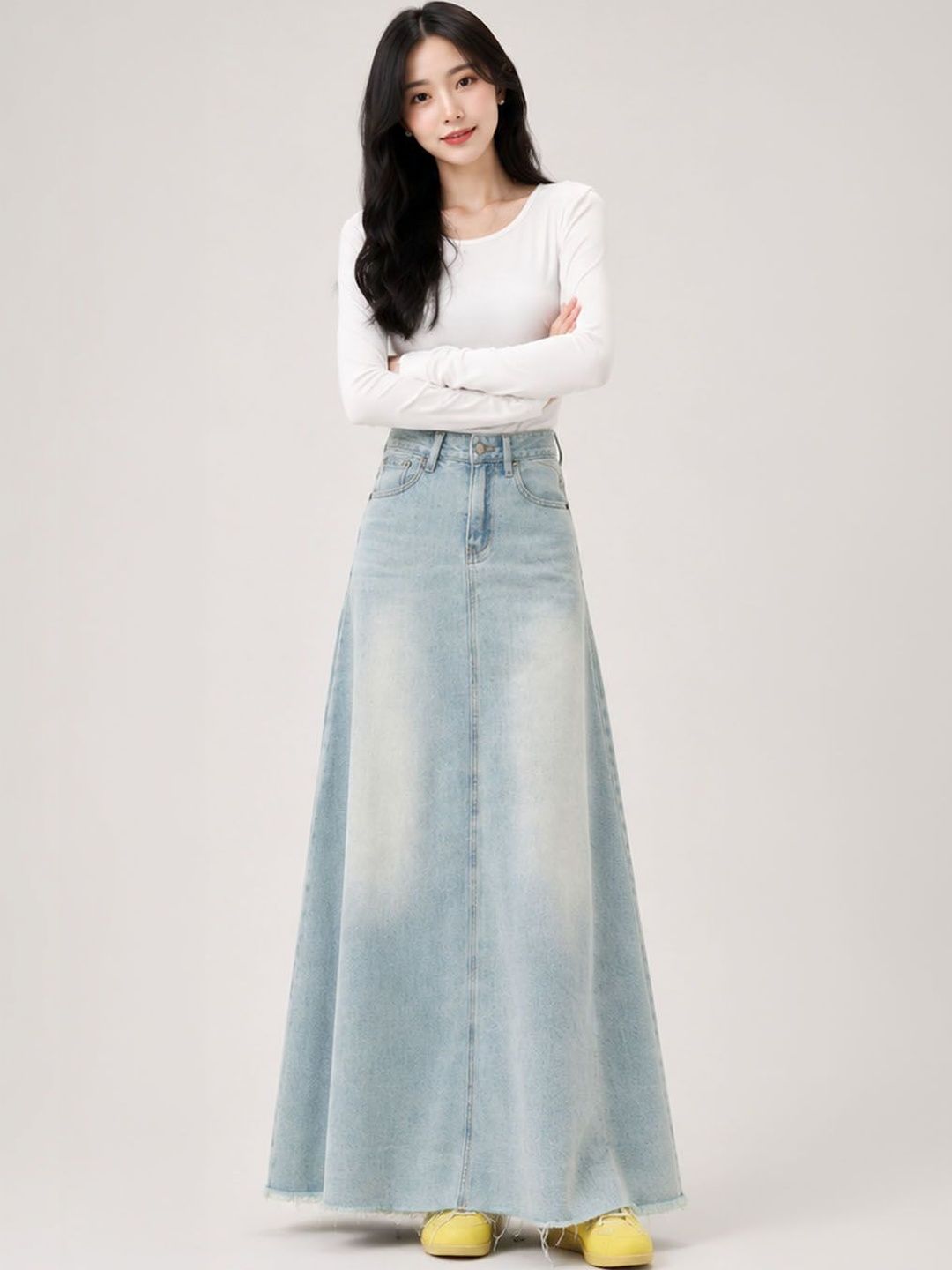 StyleCast Women Denim Washed Frayed Denim Maxi A-Line Skirt-image-40