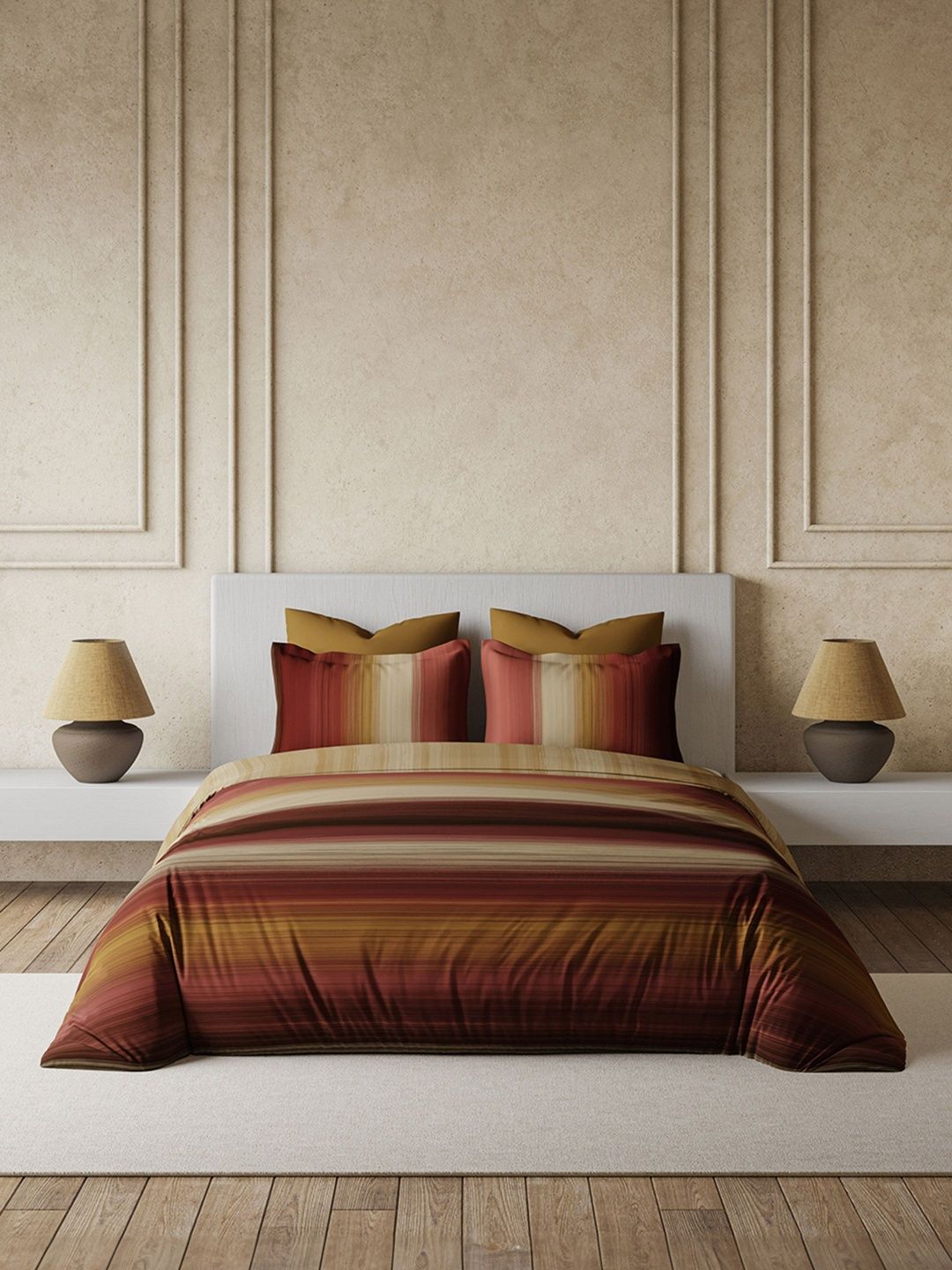 DDecor Red & Gold-Toned Striped Cotton 4 Piece Double King Regular Bedding Set-image-48