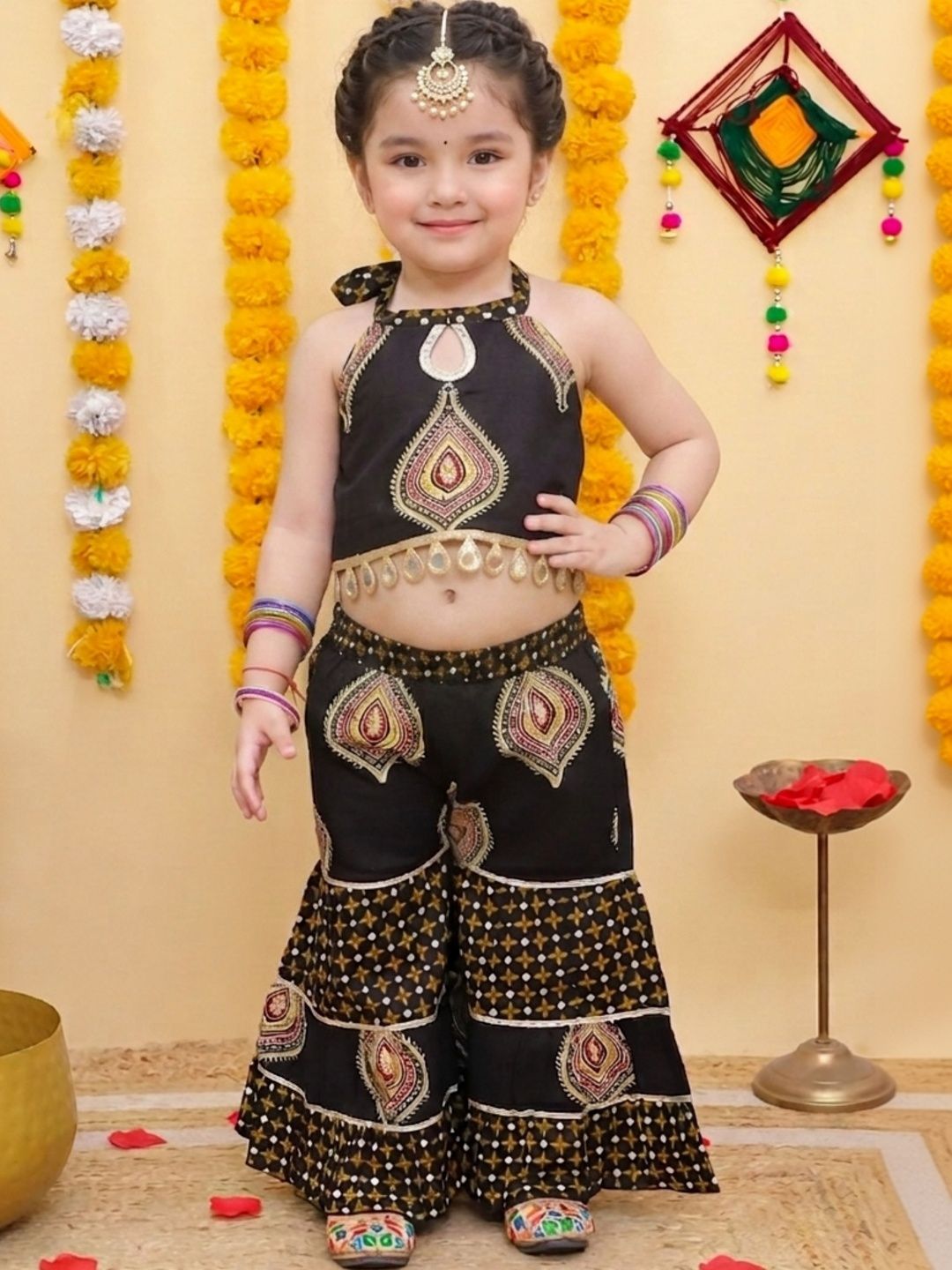 BAESD Girls Ethnic Motifs Printed Regular Pure Cotton Top with Sharara-picture-10