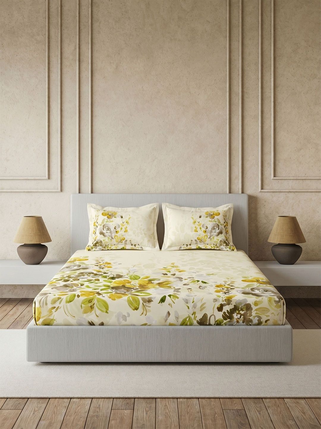 DDecor Beige & Yellow Floral 144 TC King Bedsheet with 2 Pillow Covers-image-26
