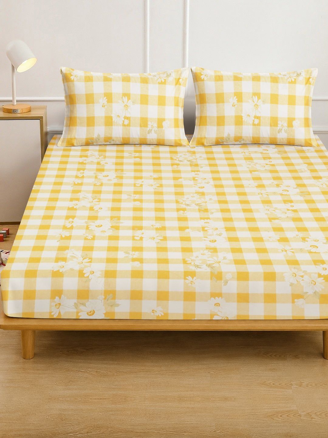 Myntra Elegant Homes Yellow Floral 300 TC King Bedsheet with 2 Pillow Covers-picture-11