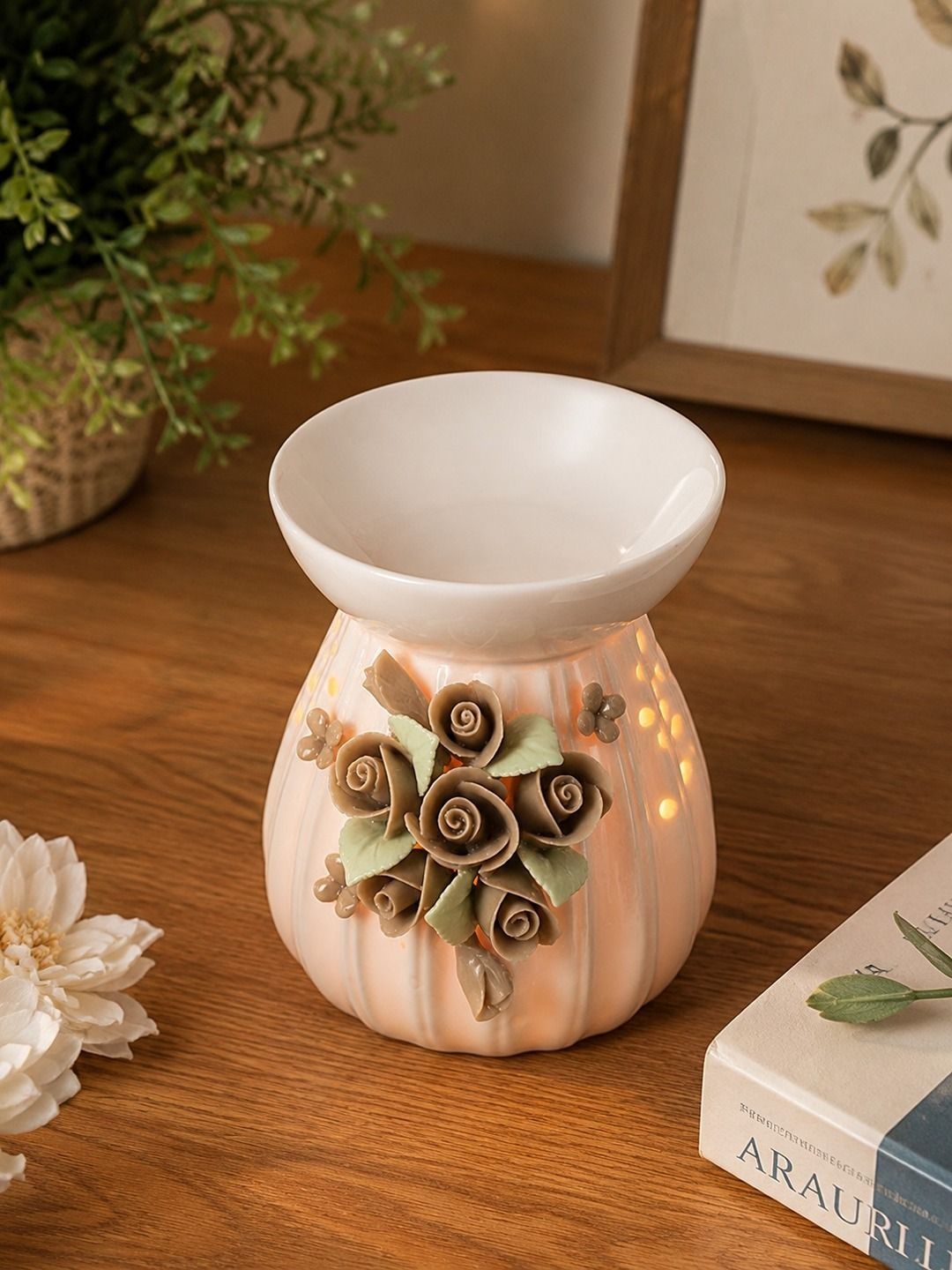 TAYHAA White Ceramic Oil Burner Rose Bouquet Aroma Diffuser-picture-25