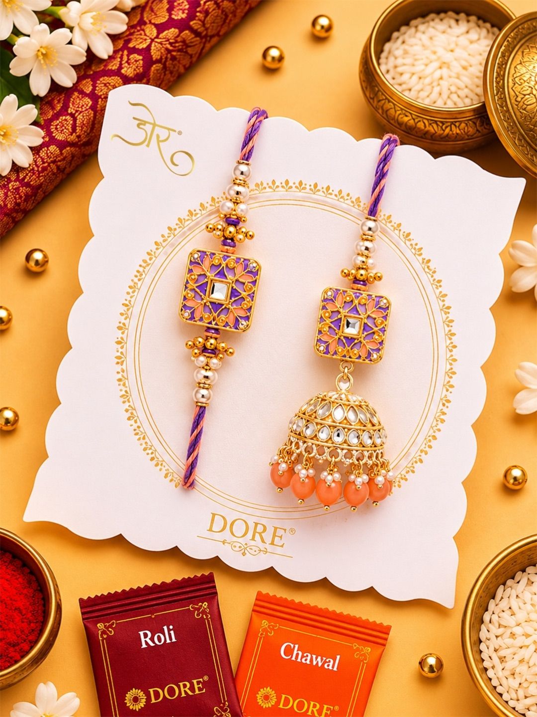 Dore Kundan Square Rakhi with Pearl Beads & Lumba Set For Rakhi-picture-54