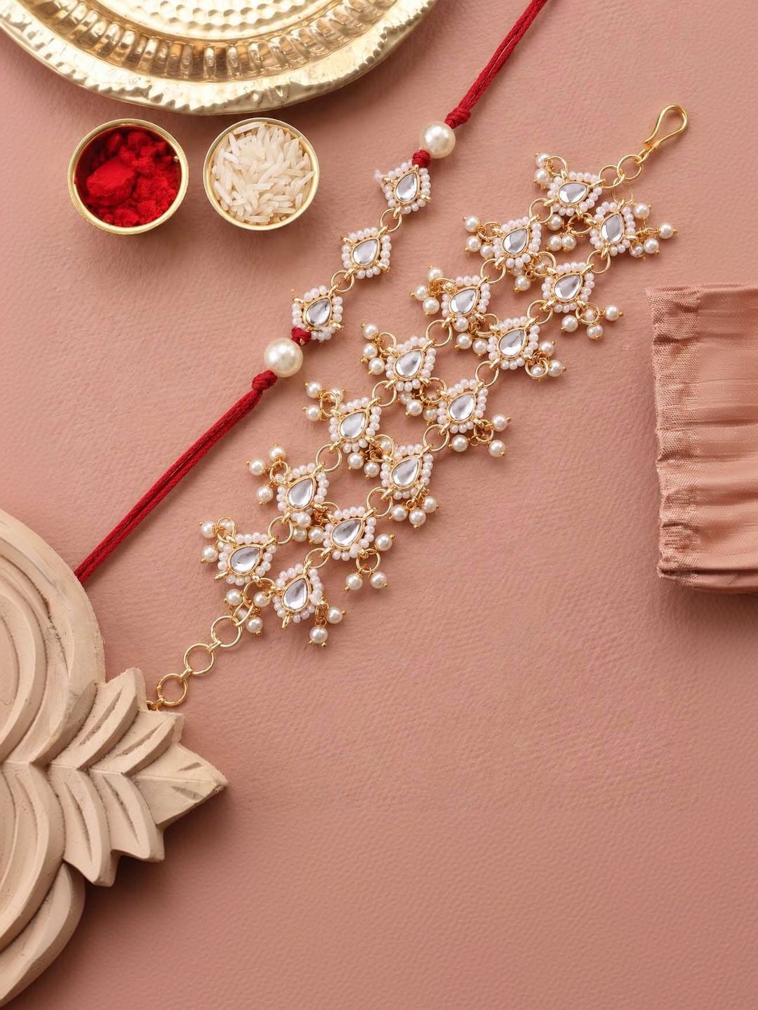 SHONA'S STYLE Stones Studded & Beaded Bhaiya Bhabhi Rakhi With Roli Chawal & Greeting Card-picture-44