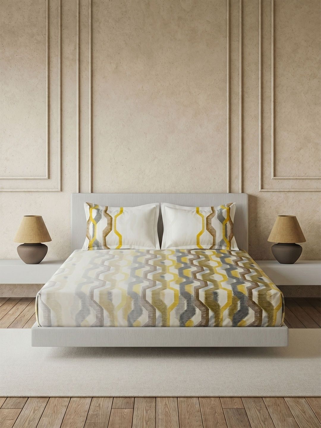 DDecor Yellow & Grey Geometric 144 TC King Bedsheet with 2 Pillow Covers-image-39