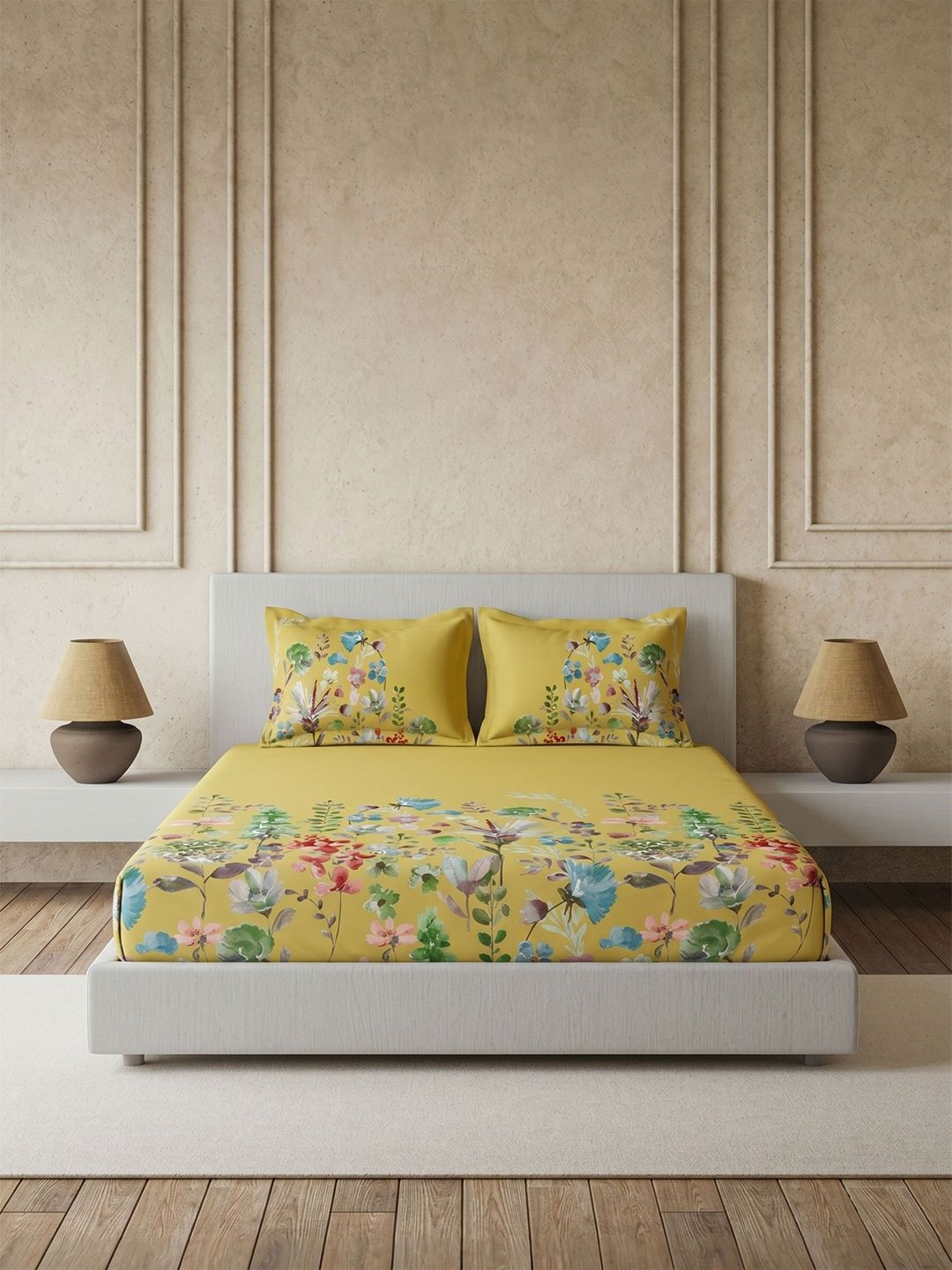 DDecor Yellow & Multicoloured Floral 144 TC King Bedsheet with 2 Pillow Covers-image-18