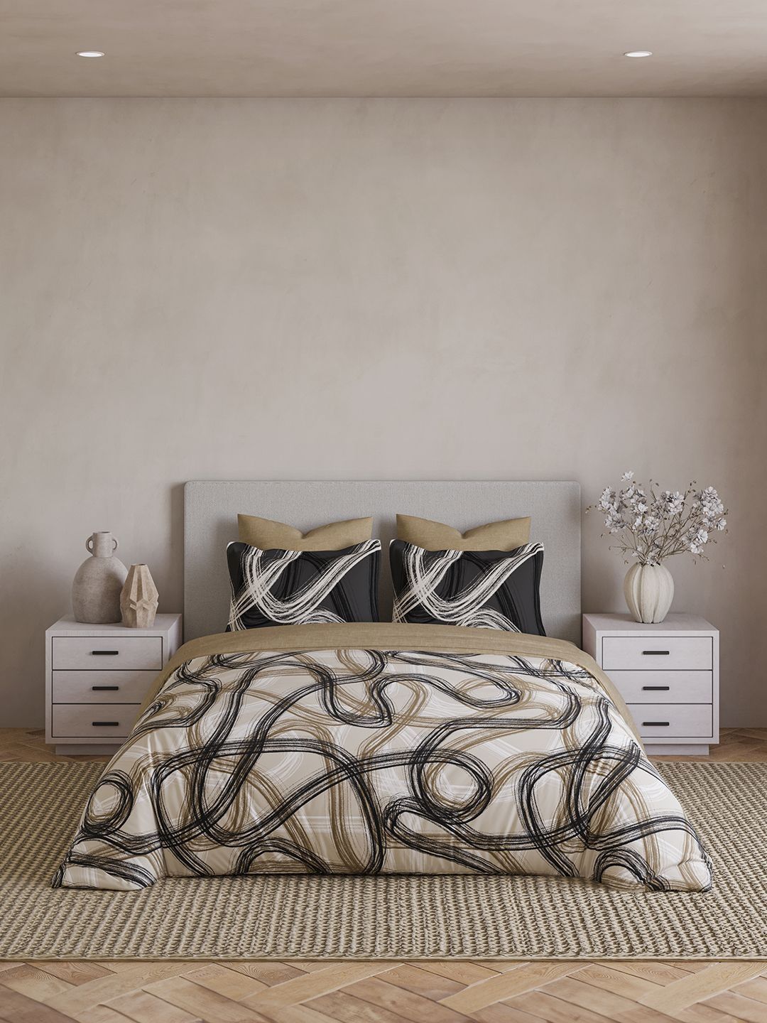 DDecor Beige & Black Quirky Cotton 4 Piece Double King Regular Bedding Set-image-23