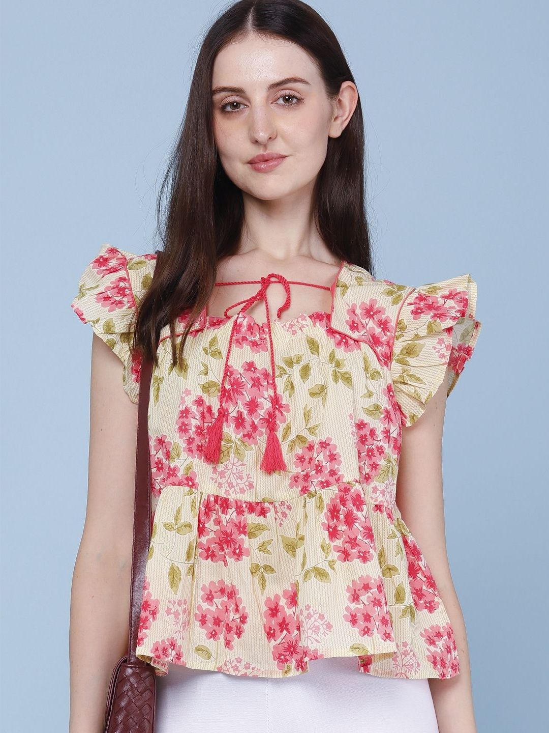 LIMEROAD Floral Print Flutter Sleeve Ruffles Cotton Top-picture-14
