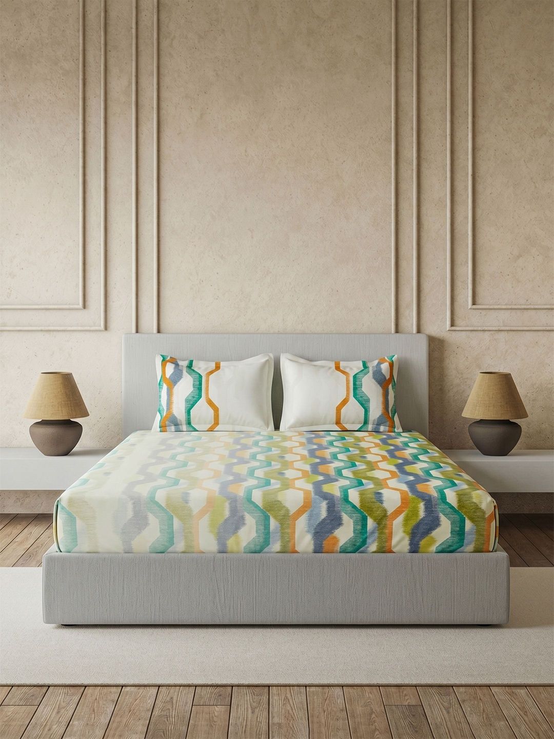 DDecor Green & Orange Geometric 144 TC King Bedsheet with 2 Pillow Covers-image-18