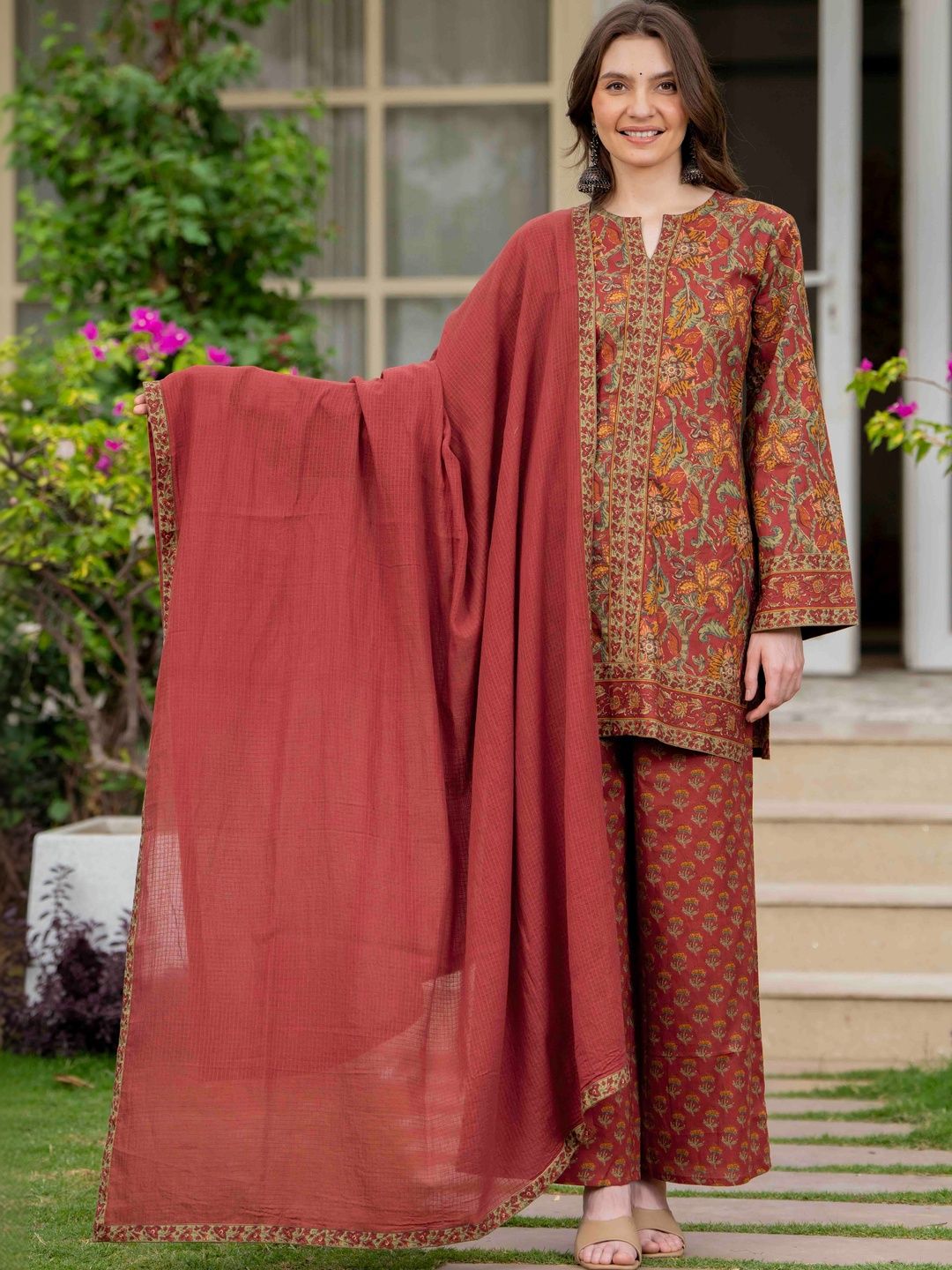 Mizaz Women Floral Printed Regular Pure Cotton Kurta with Palazzos & With Dupatta-picture-54