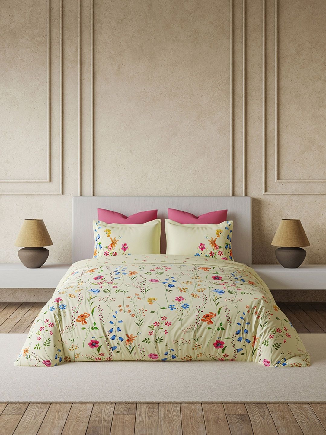 DDecor Beige & Pink Floral Cotton 4 Piece Double King Regular Bedding Set-image-19