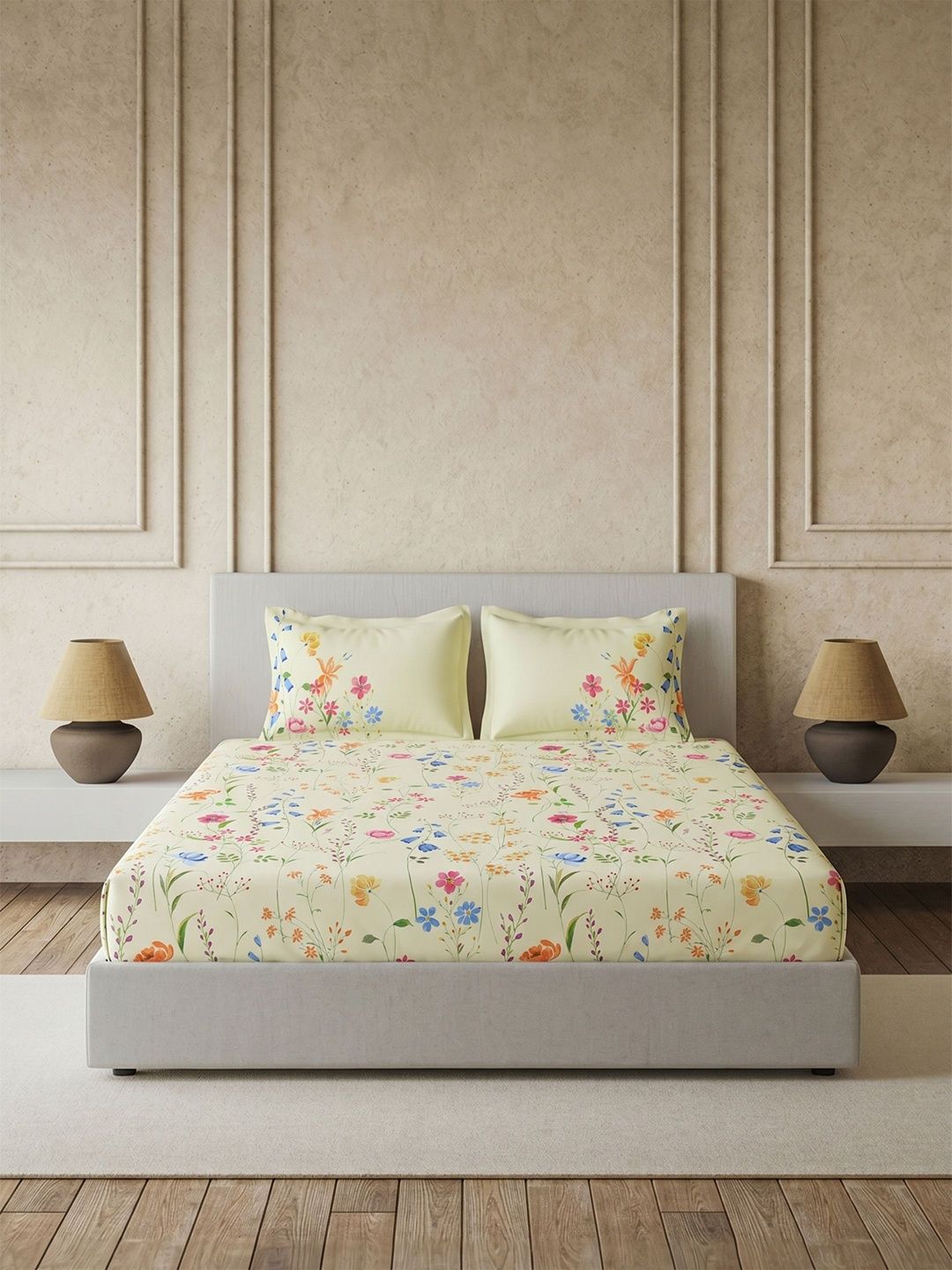 DDecor Beige Floral 144 TC King Bedsheet with 2 Pillow Covers-picture-46