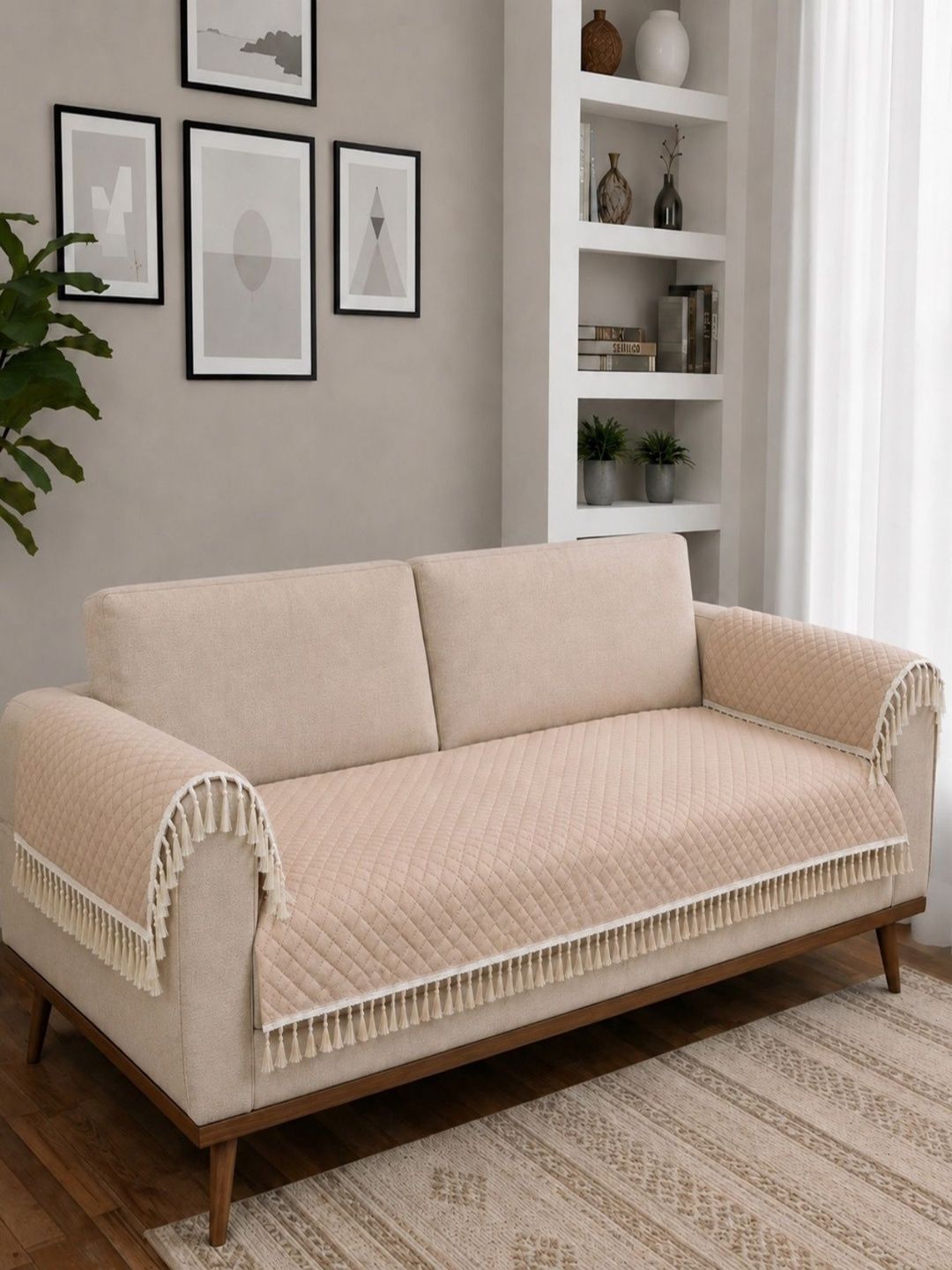 Homefab India Beige 3 Piece Sofa Cover With Arms-picture-22