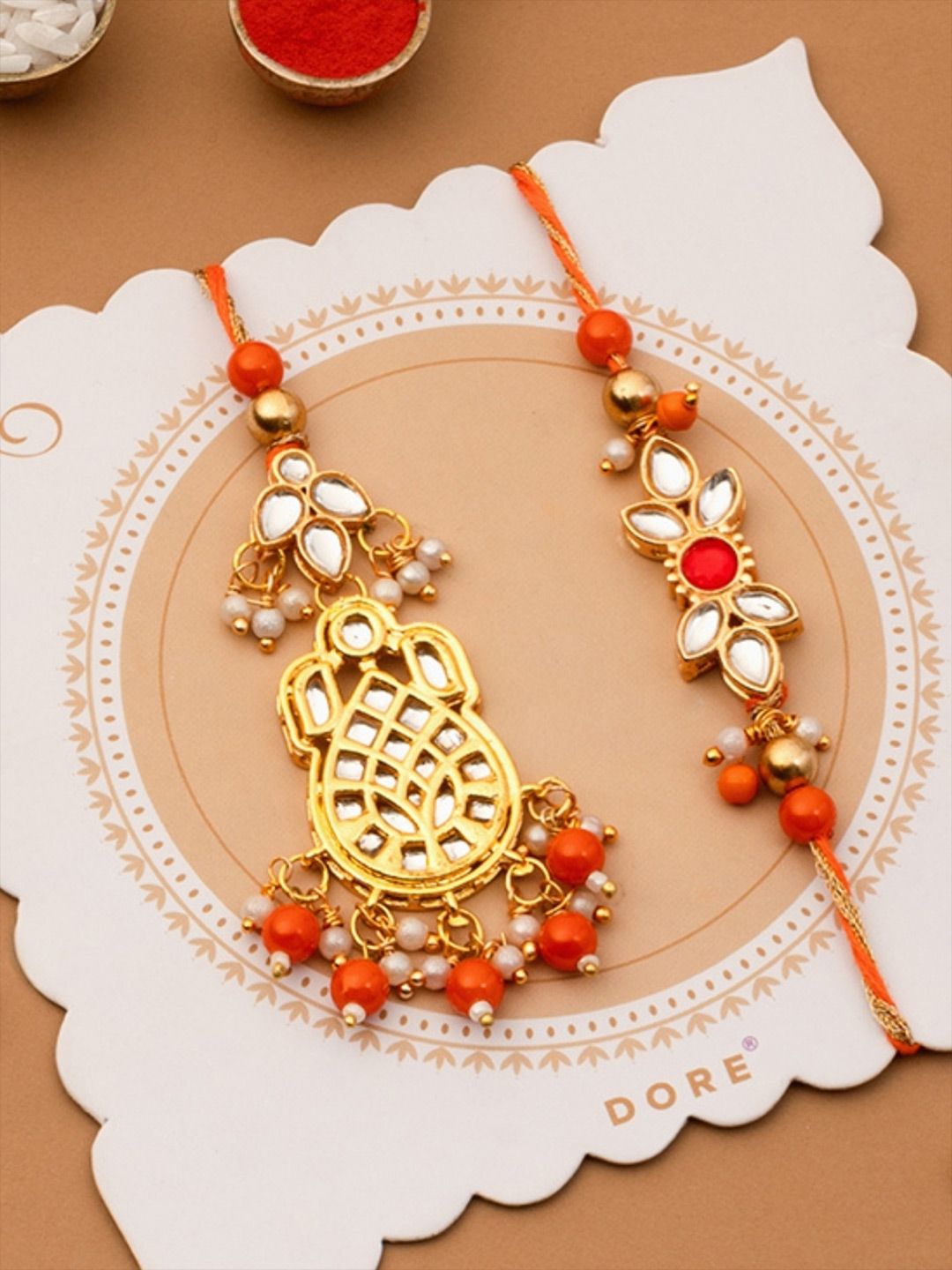 Dore Floral Kundan Rakhi with Pearl Beads & Lumba Set for Bhaiya Bhabhi-picture-32