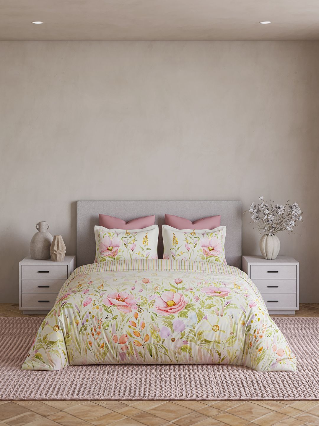 DDecor Pink & White Floral Cotton 4 Piece Double King Regular Bedding Set-image-49