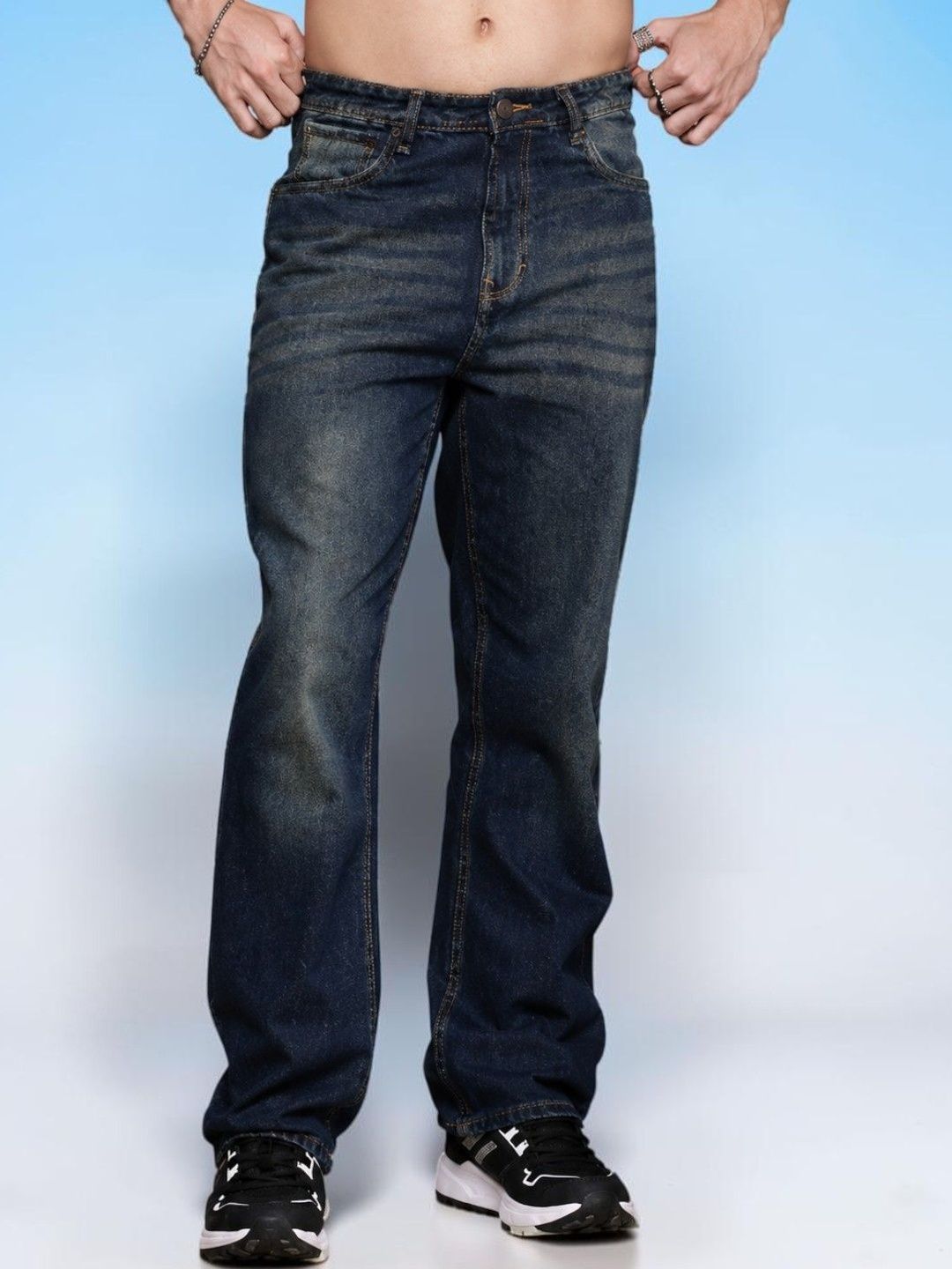Mast & Harbour Men Jean Straight Fit Mid-Rise Low Distress Light Fade Stretchable Jeans-picture-37