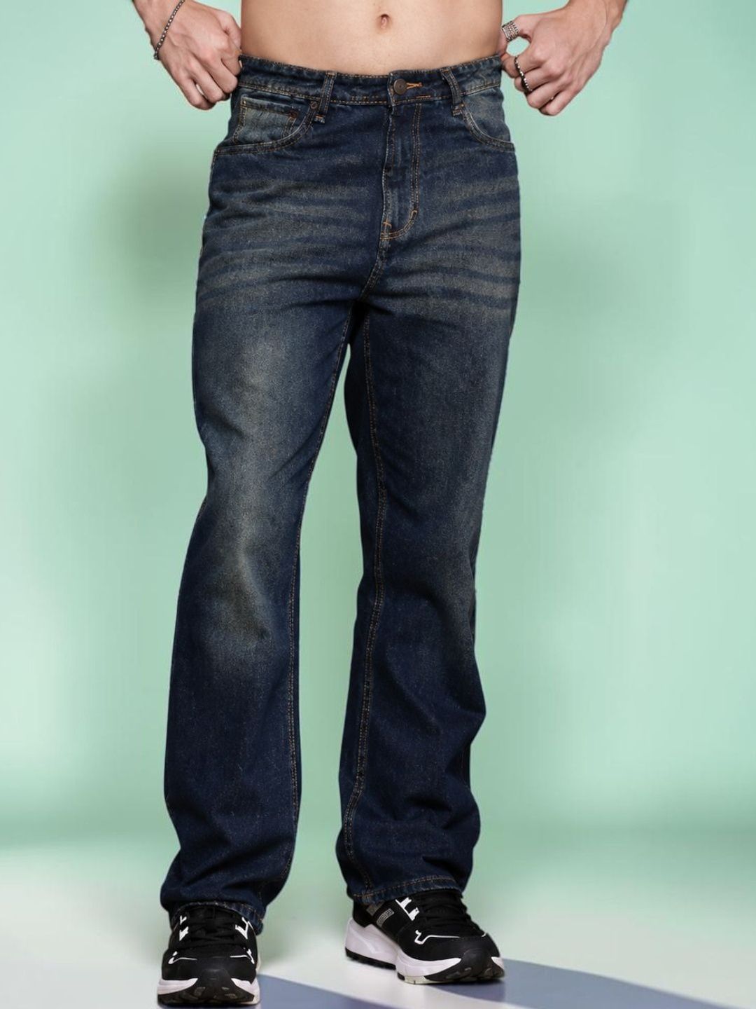 Mast & Harbour Men Jean Straight Fit Mid-Rise Light Fade Stretchable Jeans