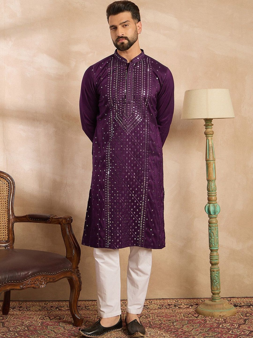House of Pataudi Embroidered Mandarin Collar Kurta & Trousers Kurta Sets-picture-35