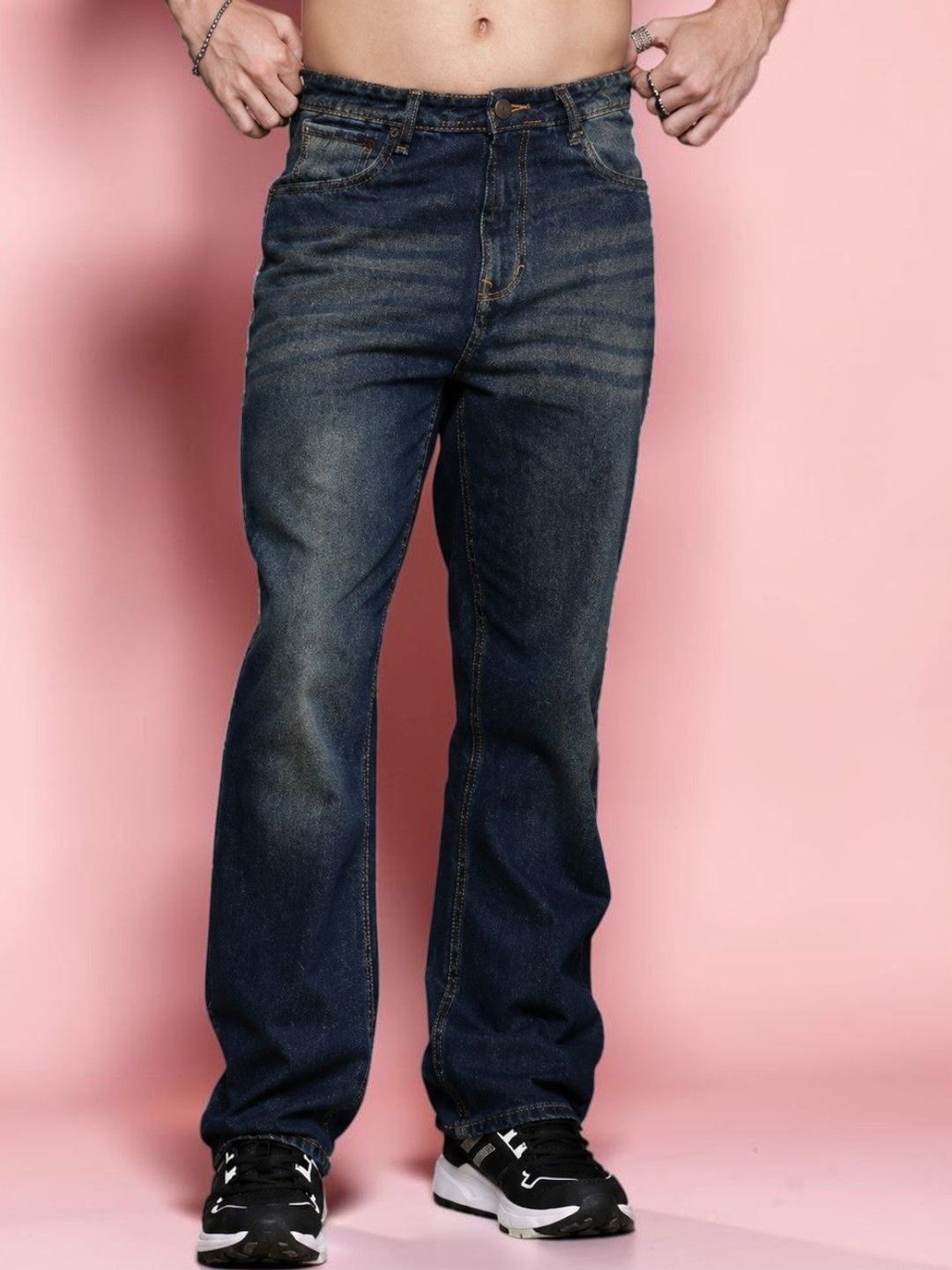 Mast & Harbour Men Jean Straight Fit Mid-Rise Low Distress Light Fade Stretchable Jeans