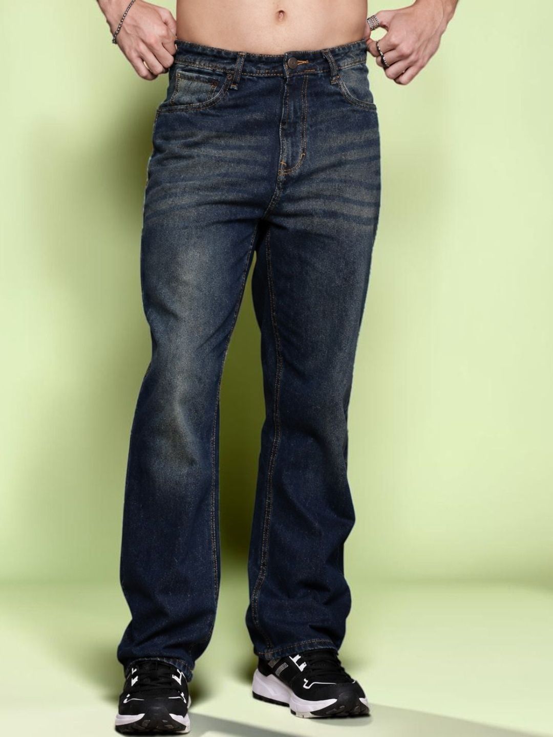 Mast & Harbour Men Jean Straight Fit Mid-Rise Low Distress Light Fade Stretchable Jeans