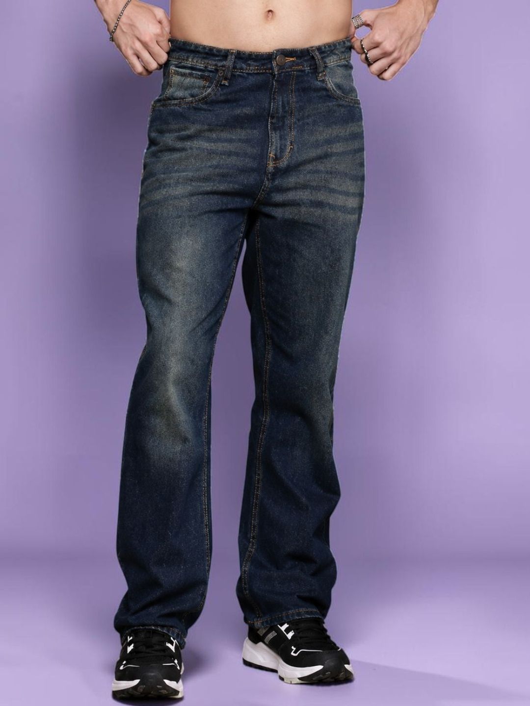 Mast & Harbour Men Jean Straight Fit Mid-Rise Low Distress Light Fade Stretchable Jeans