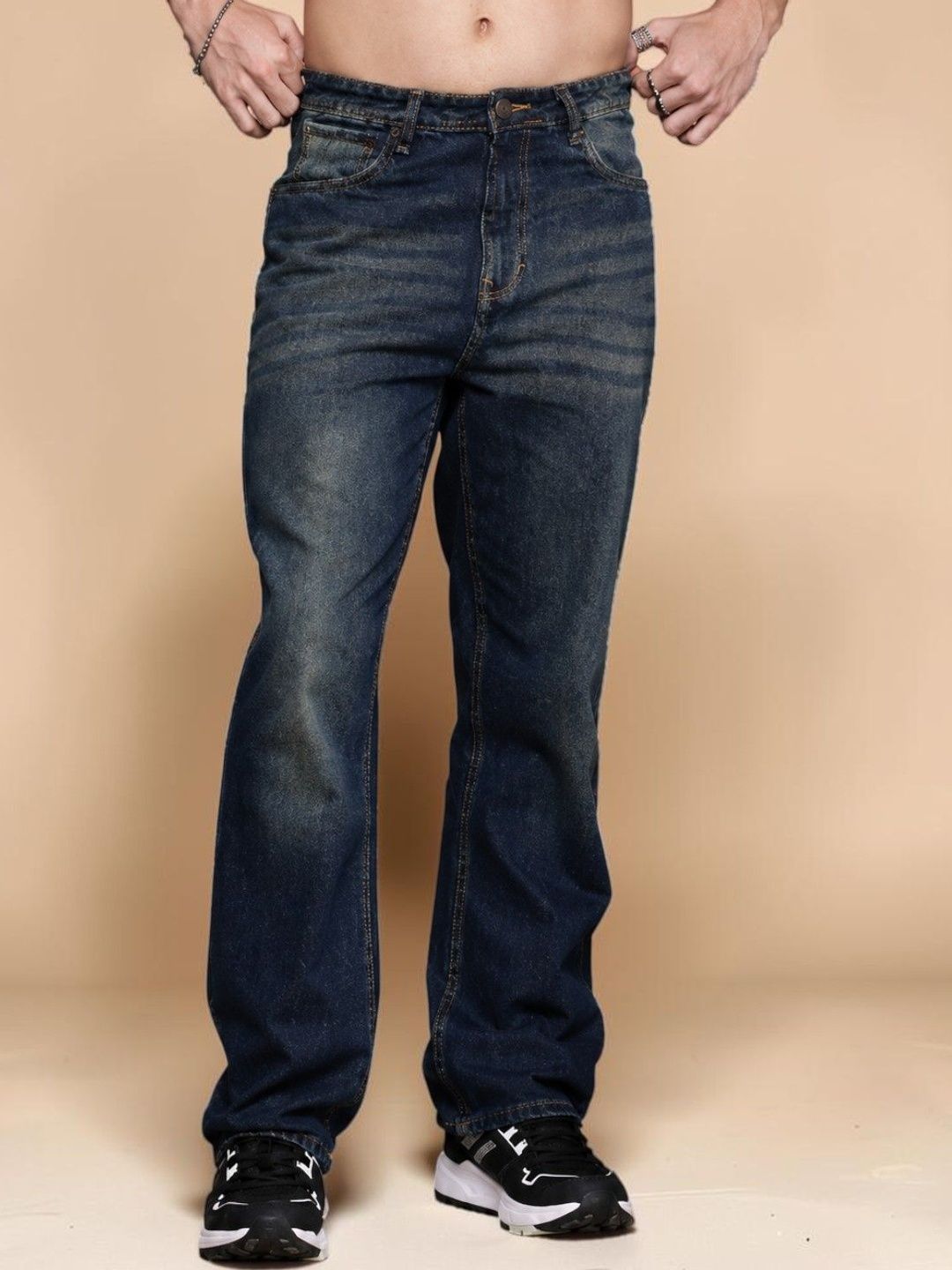 Mast & Harbour Men Jean Straight Fit Mid-Rise Low Distress Light Fade Stretchable Jeans
