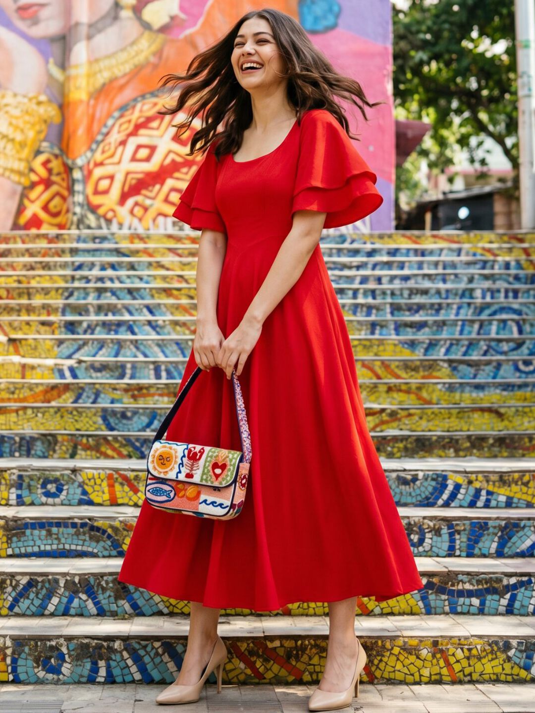Uptownie Stretchable Layered Sleeve Fit And Flare Midi Dress-picture-17