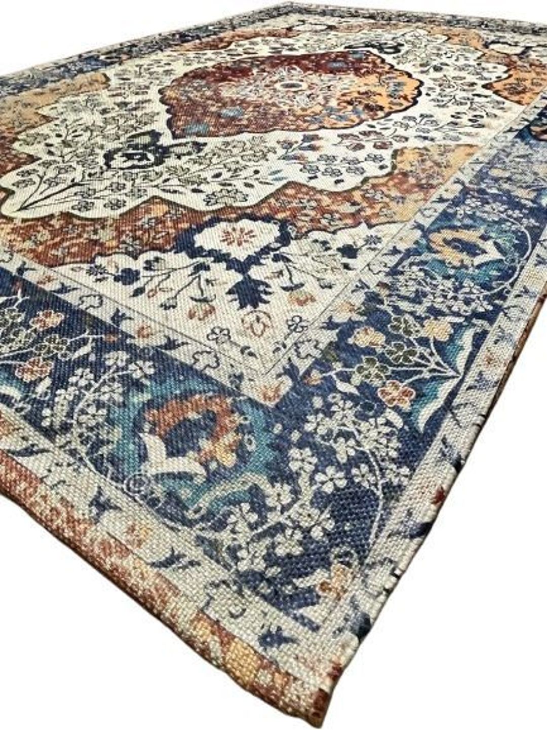 Siya Textiles Navy Blue & Brown Floral Anti-Skid Cotton Carpet-image-7