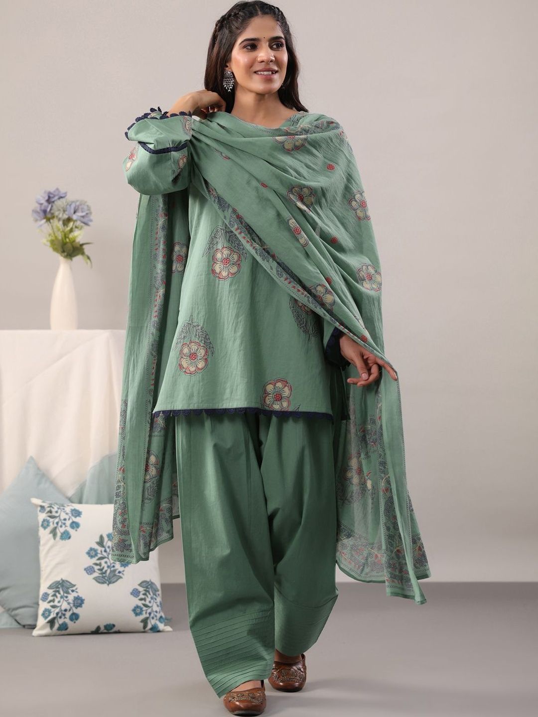 Rimeline Women Floral Printed Regular Pure Cotton Kurta with Patiala & With Dupatta-picture-44