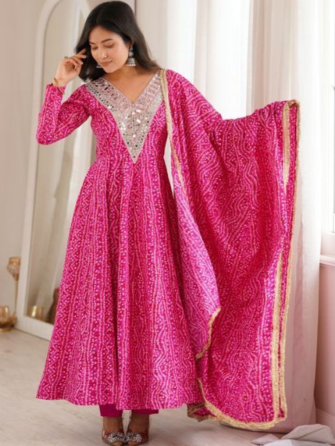 LEGEND WEAR Women Bandhani Printed Empire Mirror Work Kurta with Trousers & With Dupatta