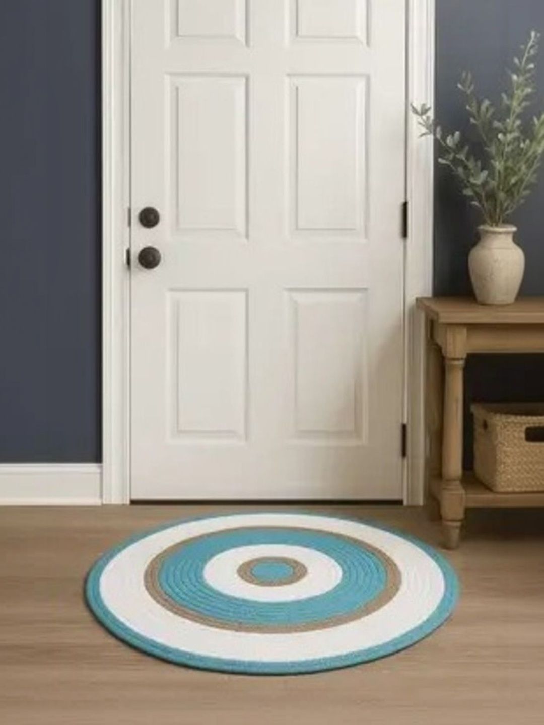 Siya Textiles Blue & White Textured Anti Skid Round Carpet-image-40