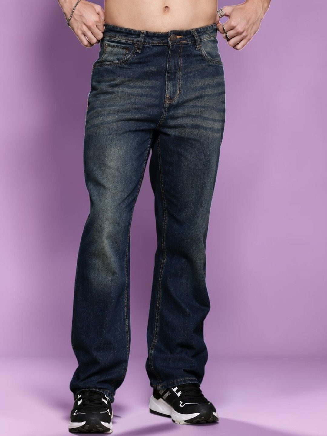 Mast & Harbour Men Jean Straight Fit Mid-Rise Low Distress Light Fade Stretchable Jeans