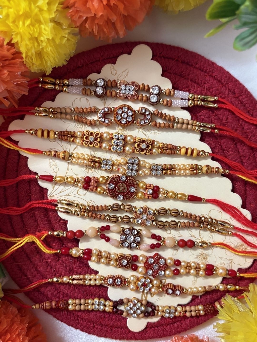 SZN Set Of 10 Artificial Stones & Beads Thread Rakhi With Roli Chawal Chandan Mishri-picture-44