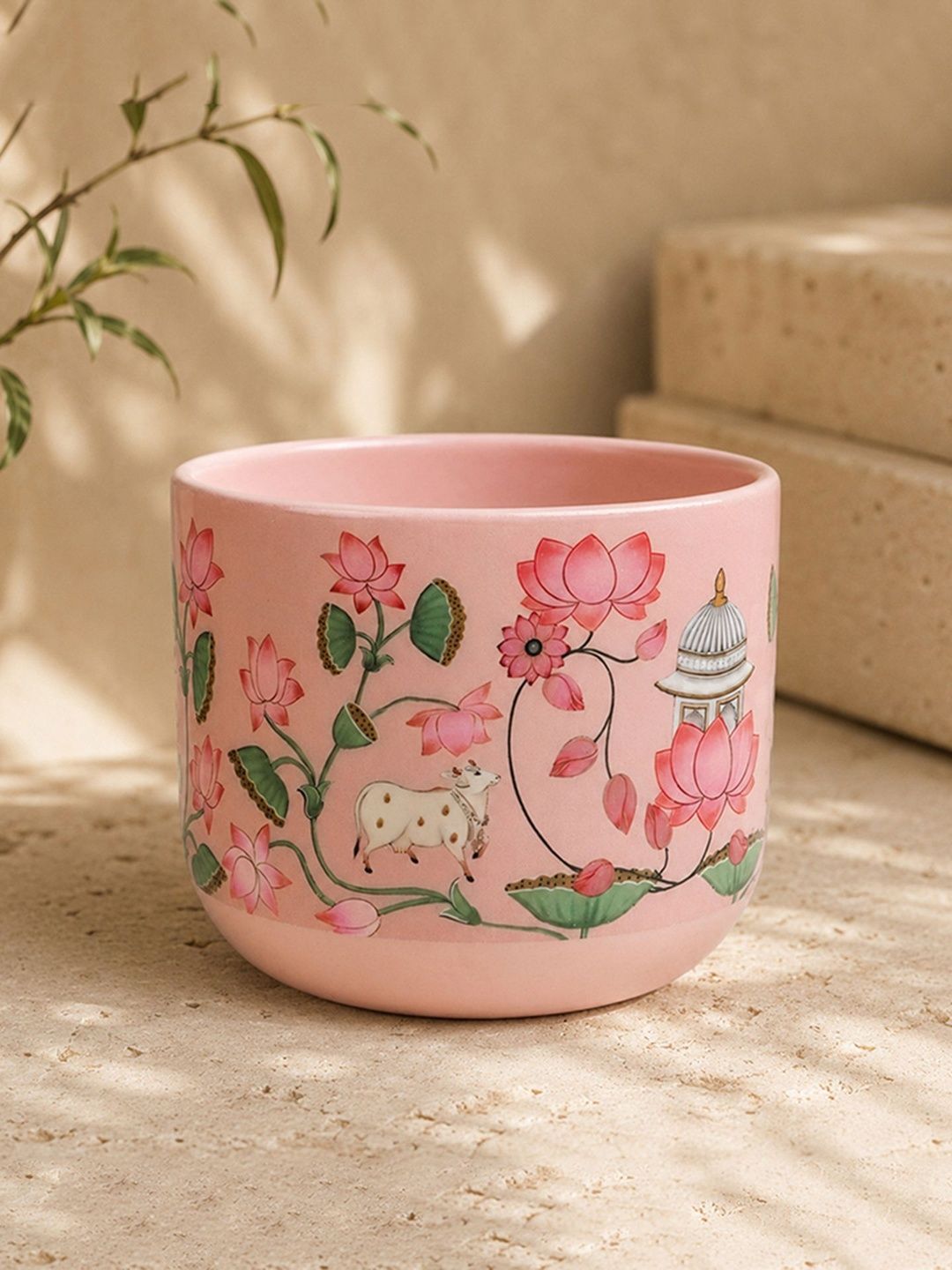 HABERE INDIA Pink & Green Lotus Design Hand Painted Terracotta Planter-picture-23